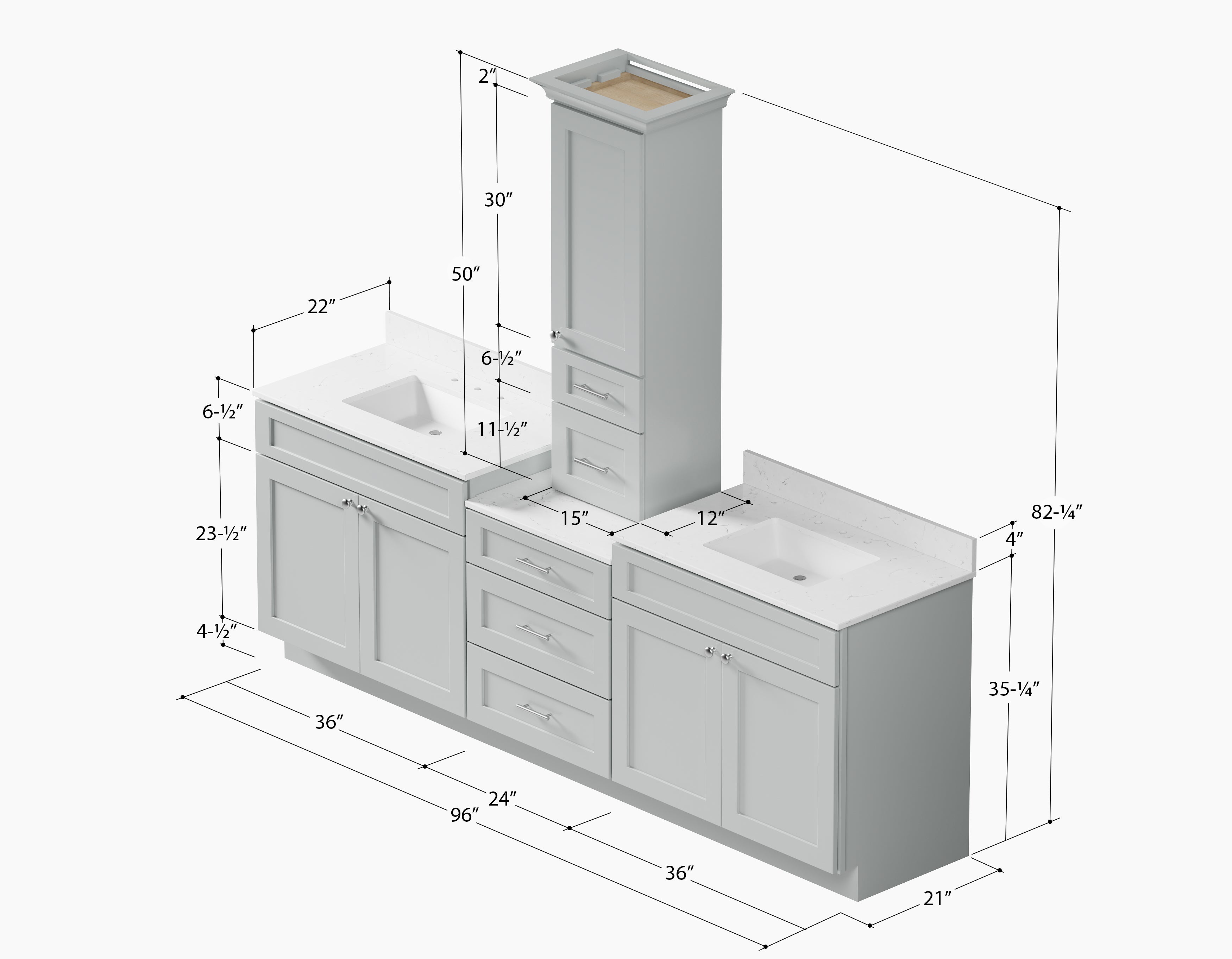 96'' Double Bathroom Vanity With Counter Top Tall Cabinet Shaker Dovetail Solid Wood Drawer Carrara Quartz Top