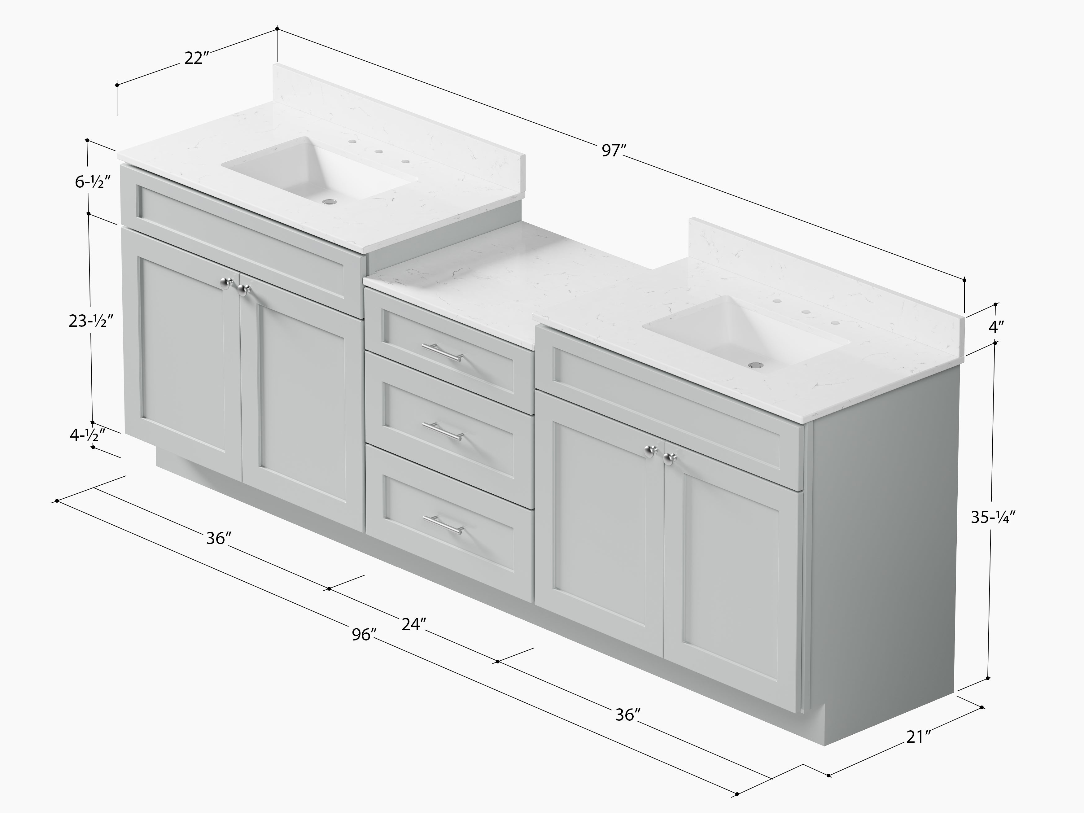 96'' Double Bathroom Vanity Cabinet Shaker Dovetail Solid Wood Drawer Carrara Quartz Top