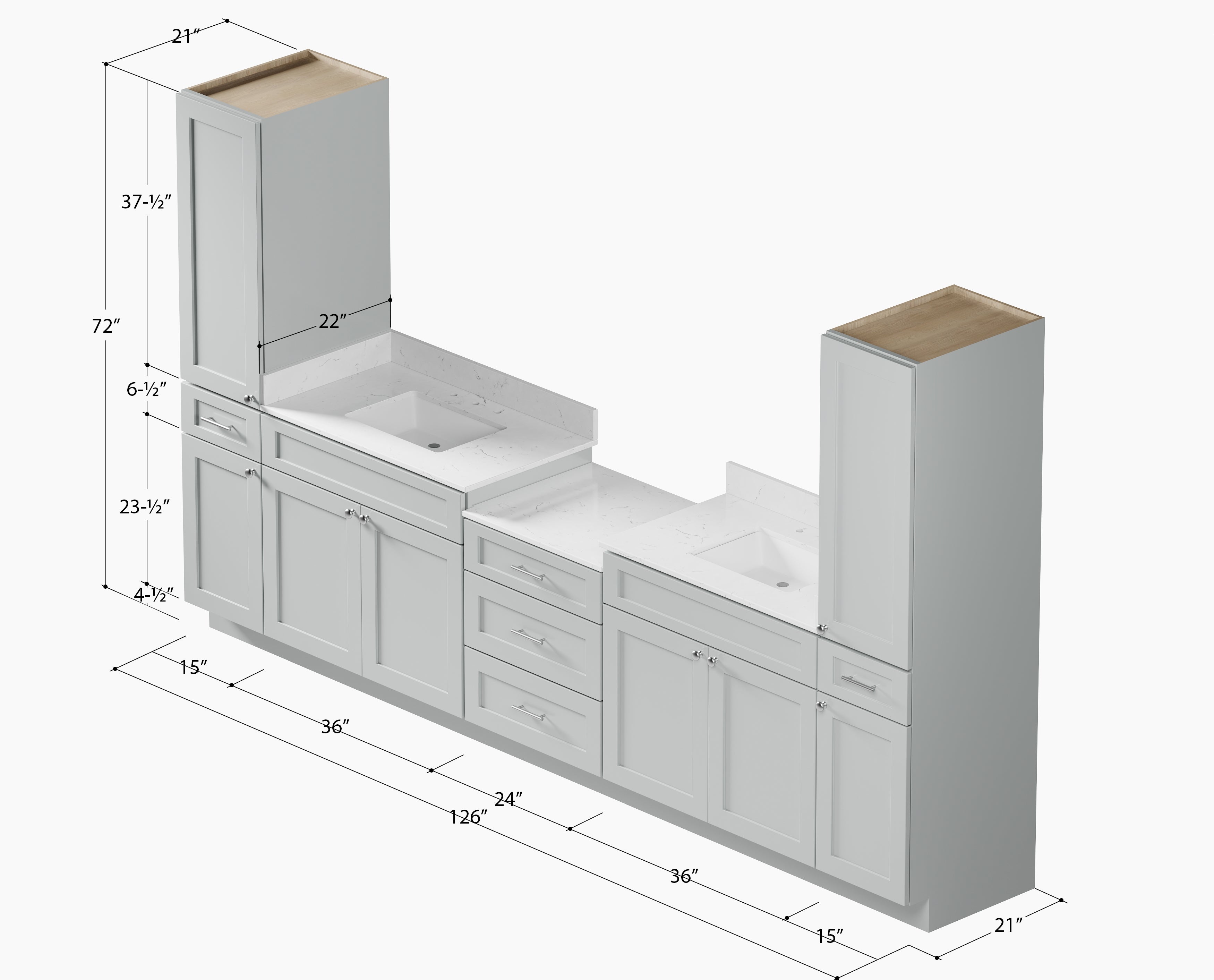 126'' Double Bathroom Vanity Cabinet Shaker Dovetail Solid Wood Drawer Carrara Quartz Top