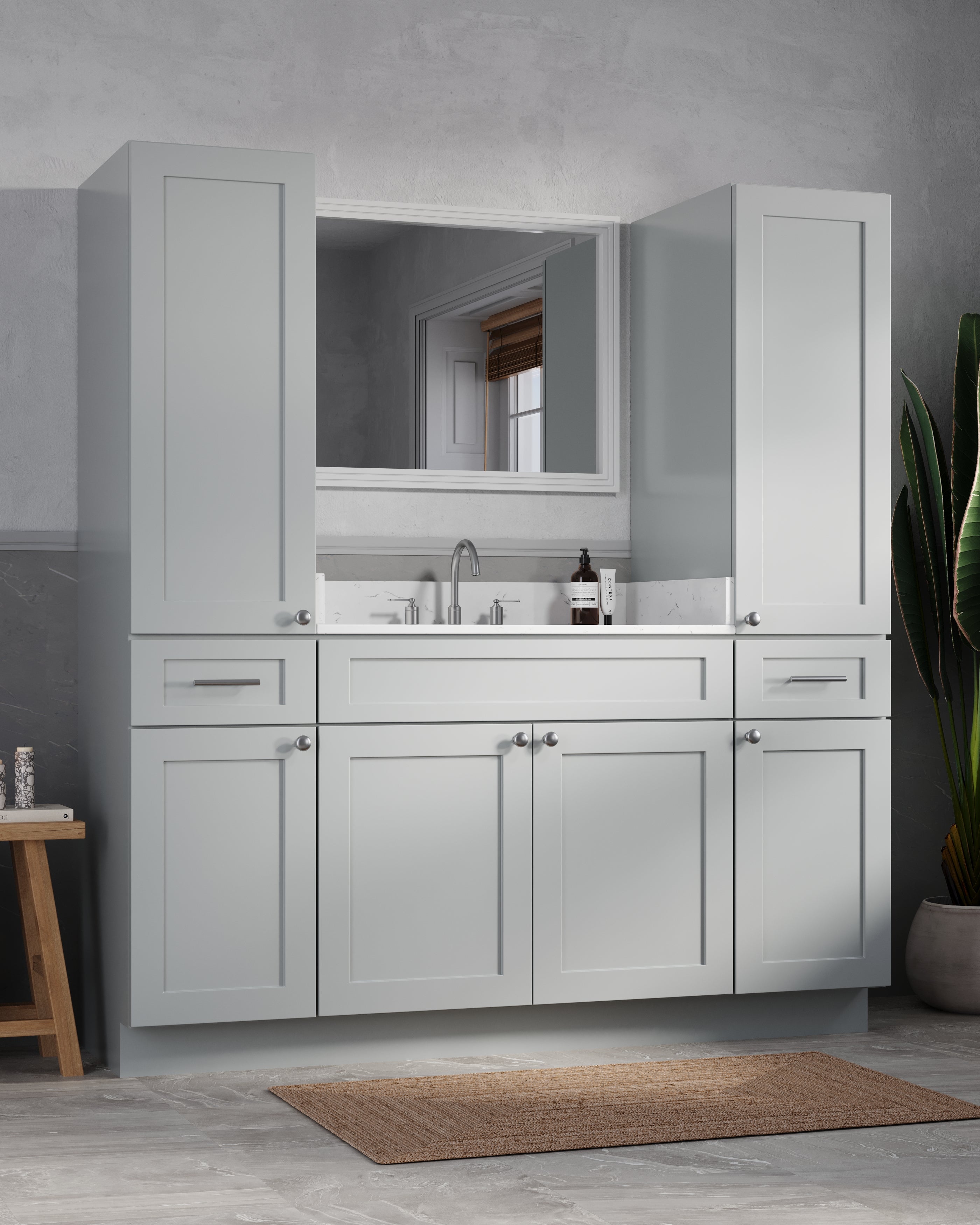 Disar 66'' Single Bathroom Vanity With Linen Tall Cabinet Shaker Dovetail Solid Wood Drawer Carrara Quartz Top