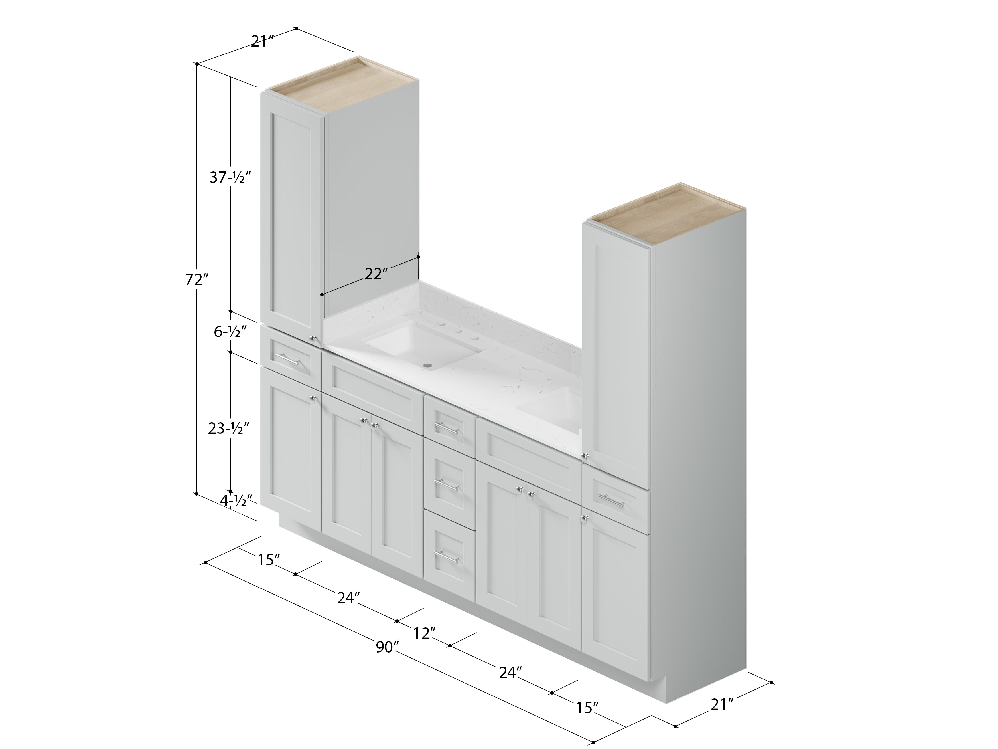 Disar 90'' Double Bathroom Vanity With Linen Tall Cabinet Shaker Dovetail Solid Wood Drawer Carrara Quartz Top