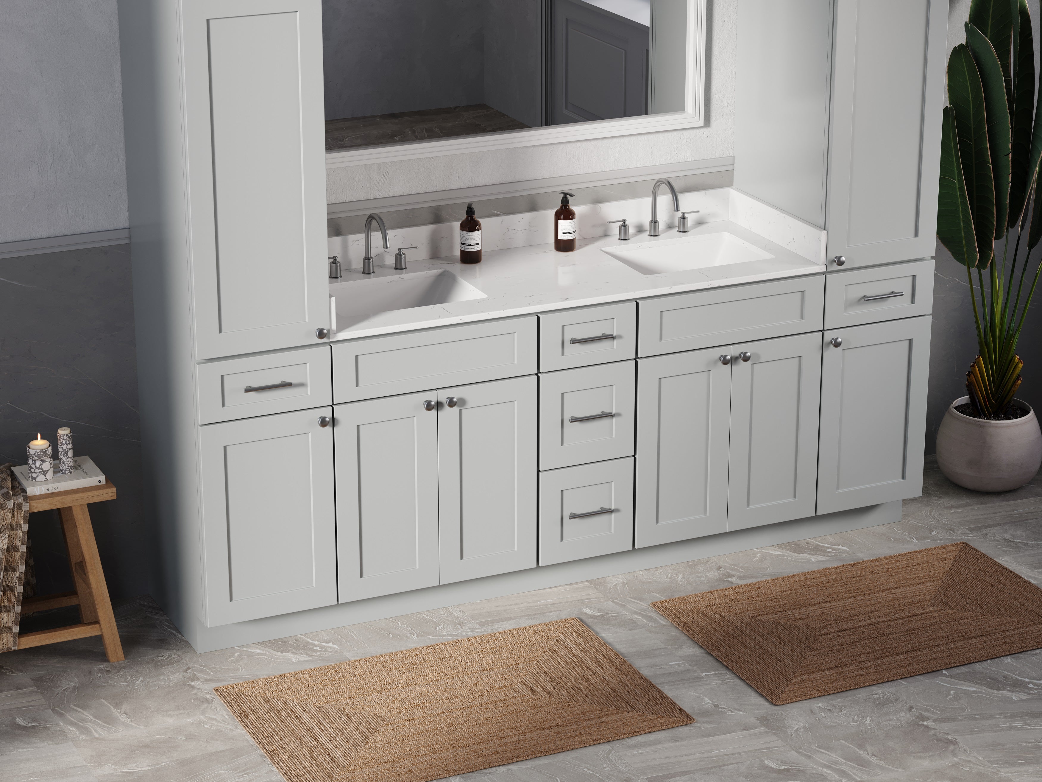 Disar 90'' Double Bathroom Vanity With Linen Tall Cabinet Shaker Dovetail Solid Wood Drawer Carrara Quartz Top