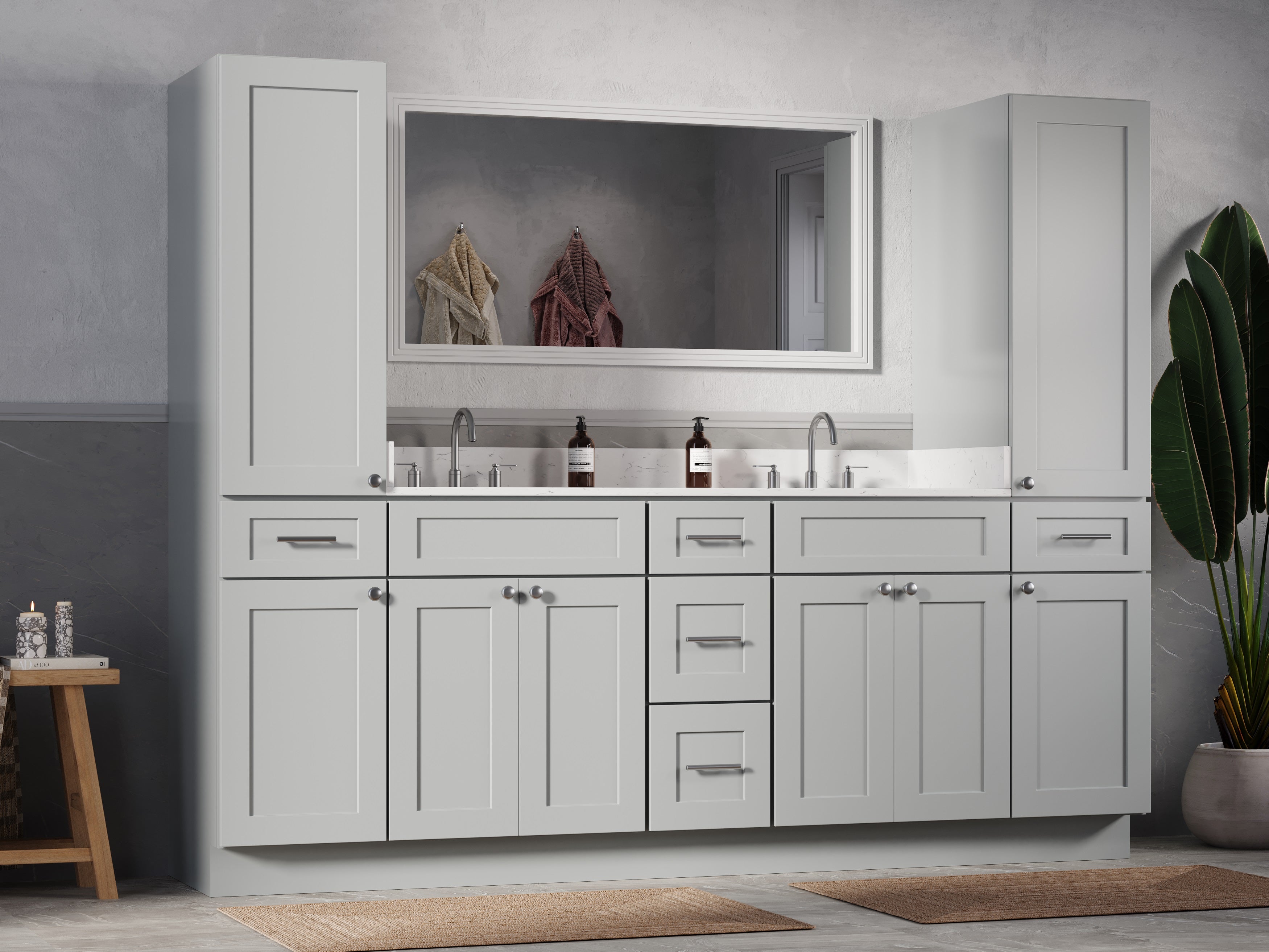 Disar 90'' Double Bathroom Vanity With Linen Tall Cabinet Shaker Dovetail Solid Wood Drawer Carrara Quartz Top