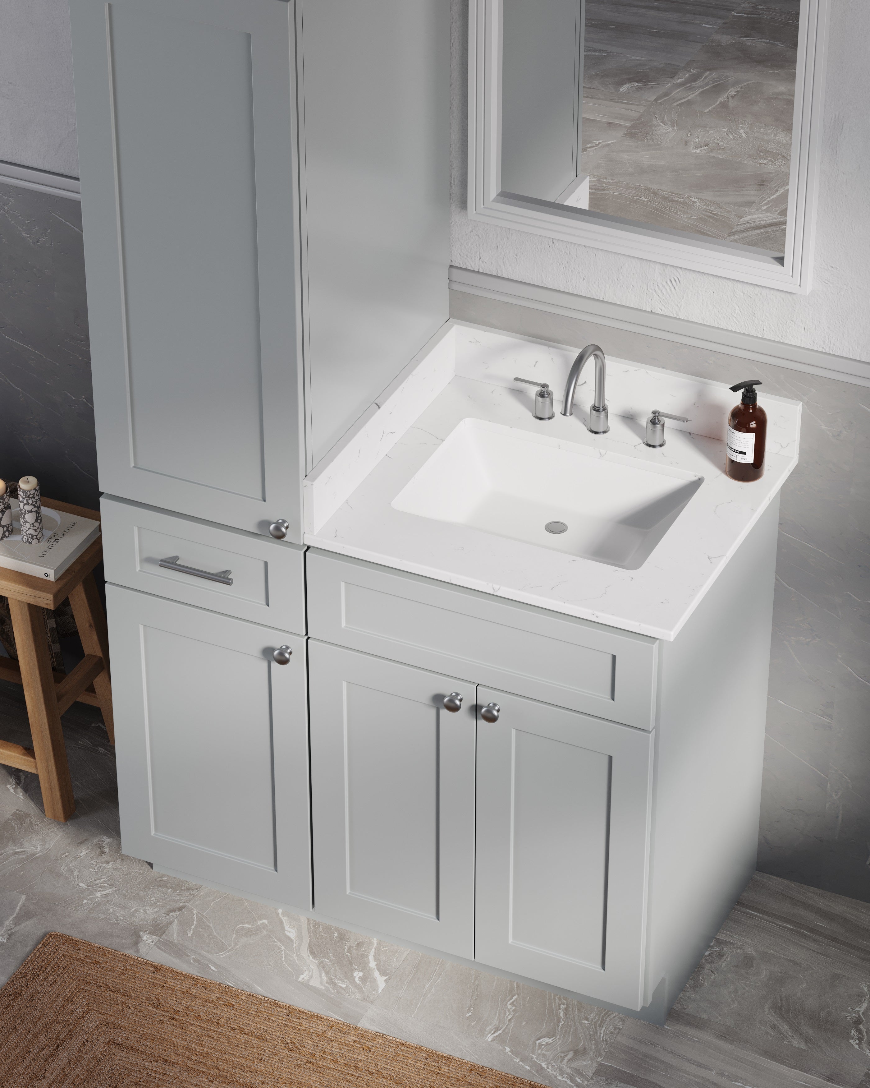 Disar 39'' Single Bathroom Vanity With Left Linen Tall Cabinet Dovetail Solid Wood Drawer Carrara Quartz Top