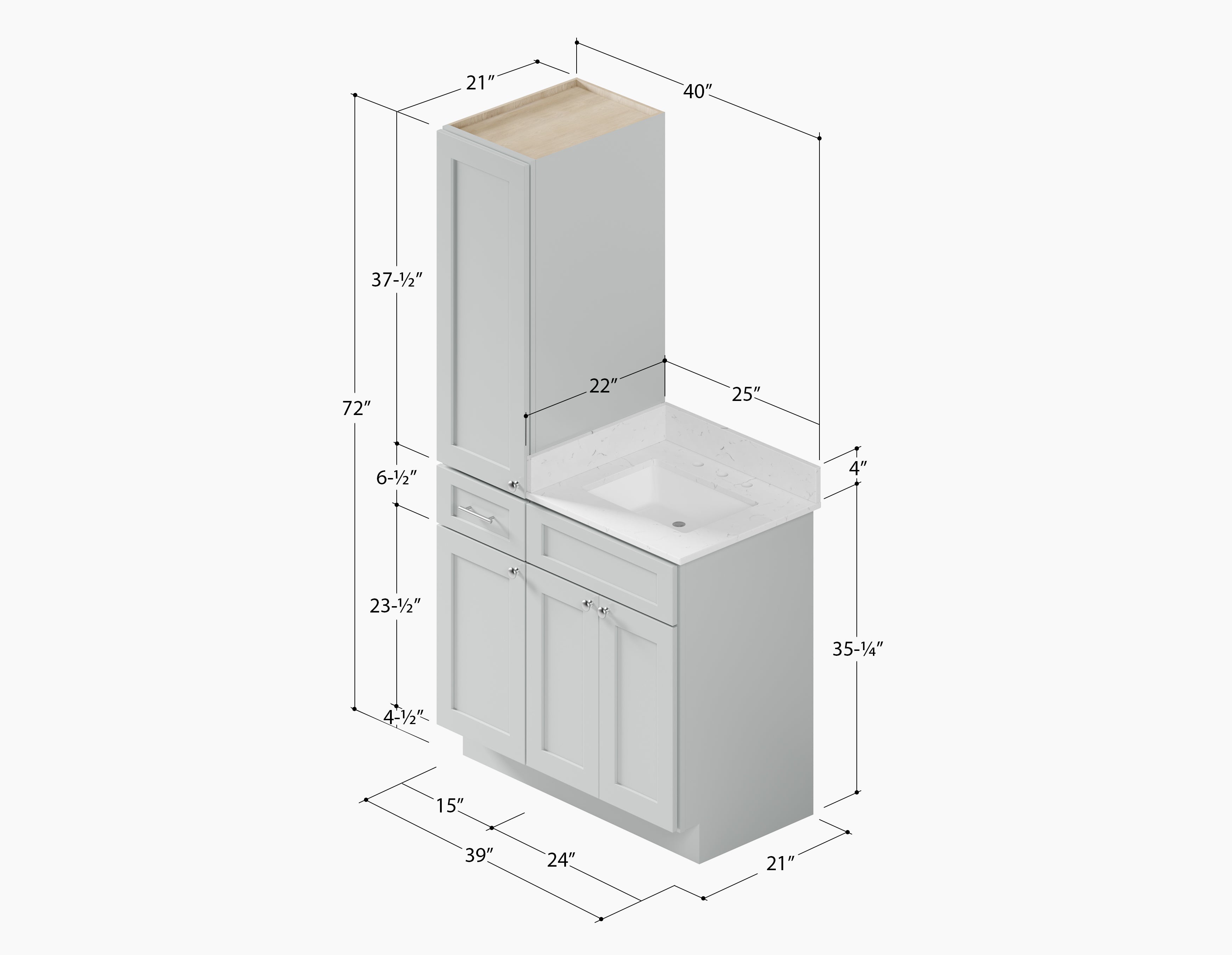 Disar 39'' Single Bathroom Vanity With Left Linen Tall Cabinet Dovetail Solid Wood Drawer Carrara Quartz Top