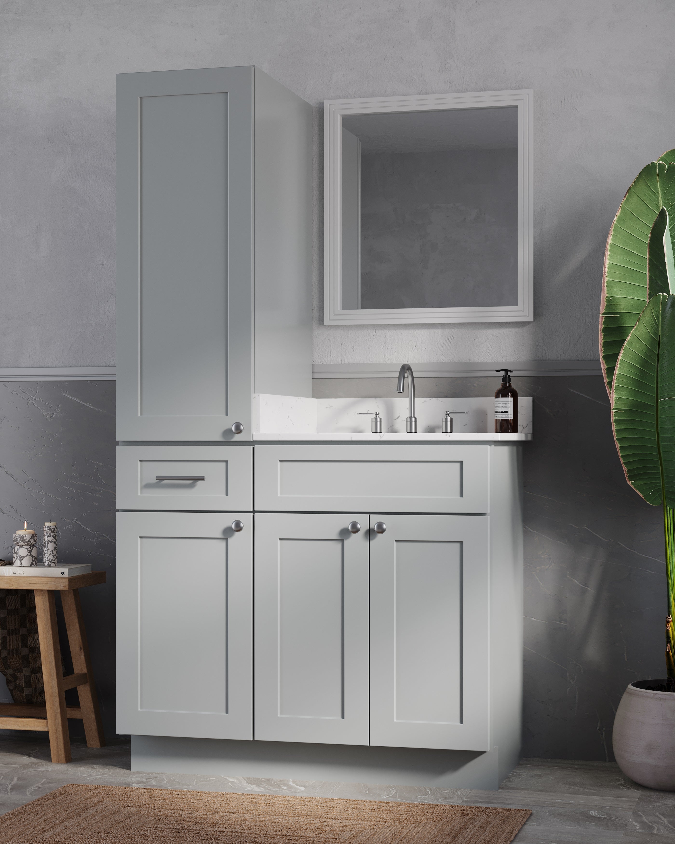 Disar 39'' Single Bathroom Vanity With Left Linen Tall Cabinet Dovetail Solid Wood Drawer Carrara Quartz Top