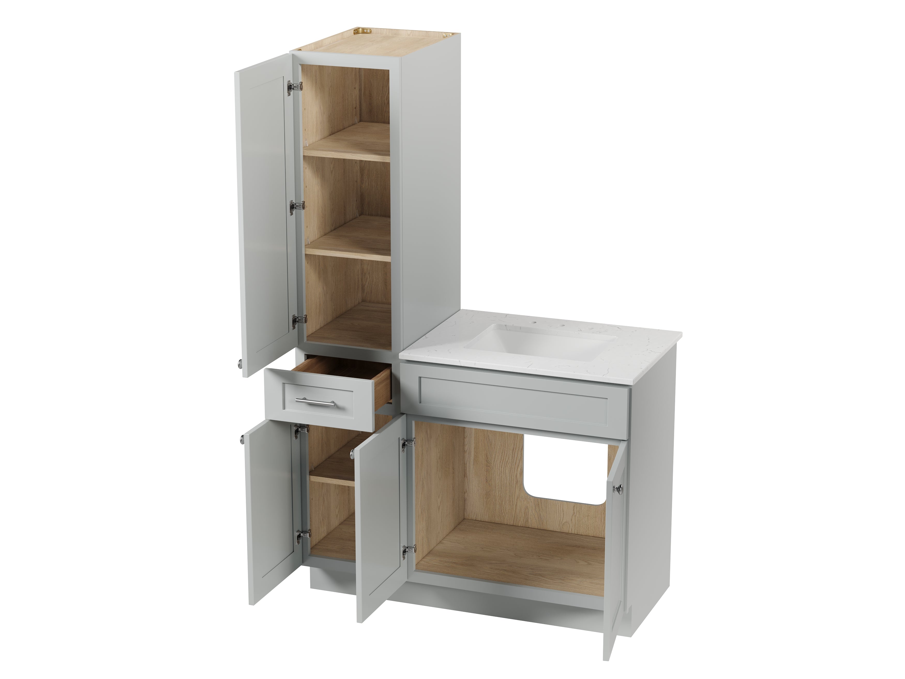 Disar 45' Single Bathroom Vanity With Left Linen Tall Cabinet Dovetail Solid Wood Drawer Carrara Quartz Top