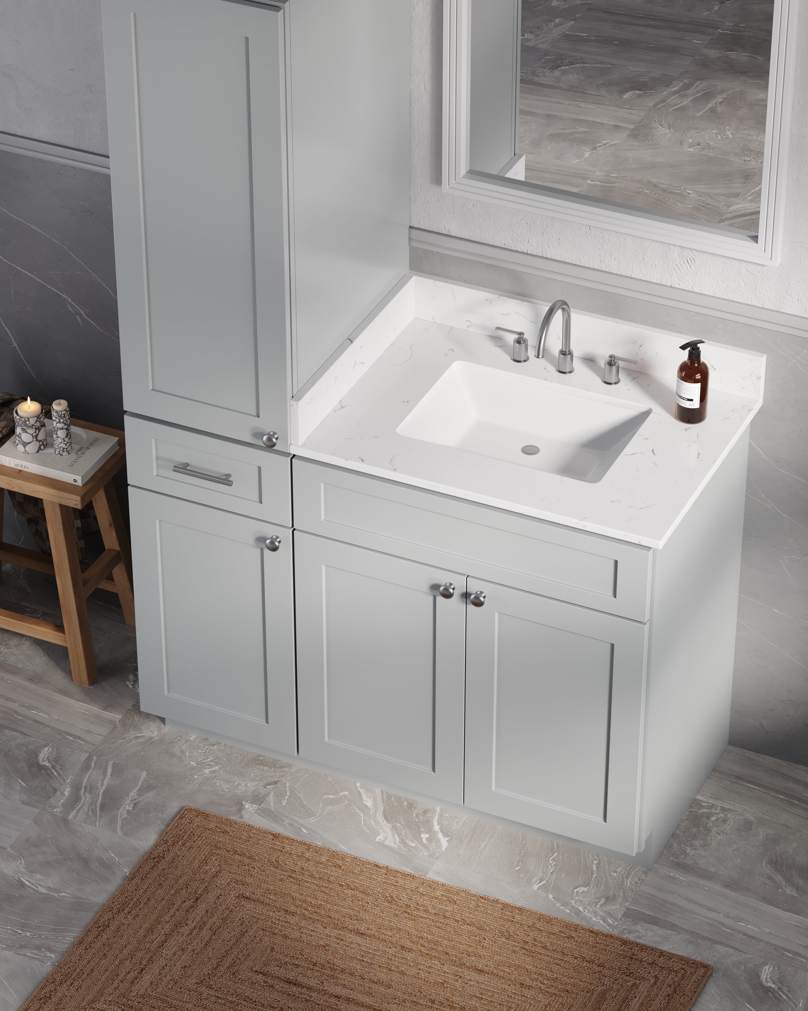 Disar 45' Single Bathroom Vanity With Left Linen Tall Cabinet Dovetail Solid Wood Drawer Carrara Quartz Top