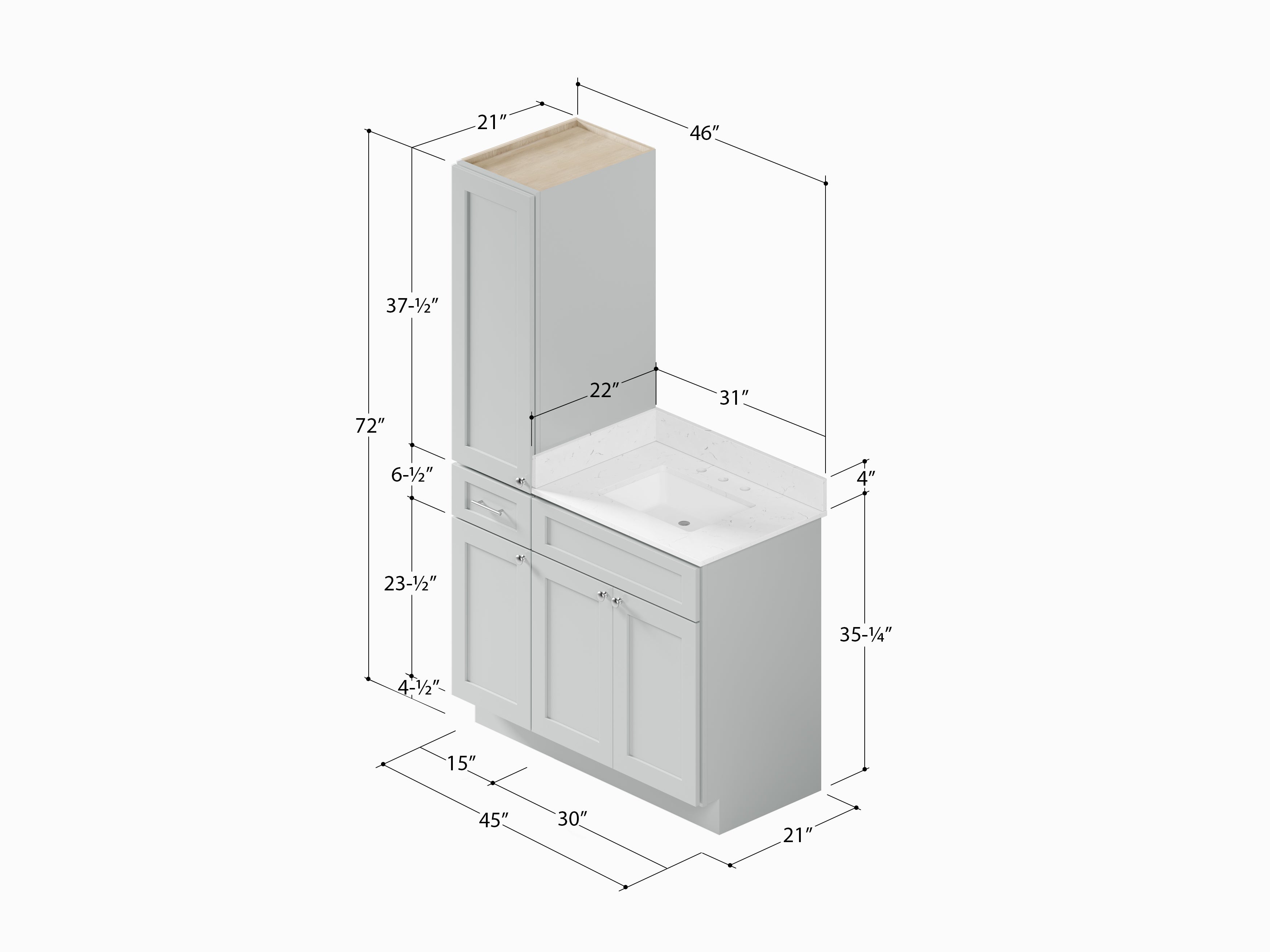 Disar 45' Single Bathroom Vanity With Left Linen Tall Cabinet Dovetail Solid Wood Drawer Carrara Quartz Top