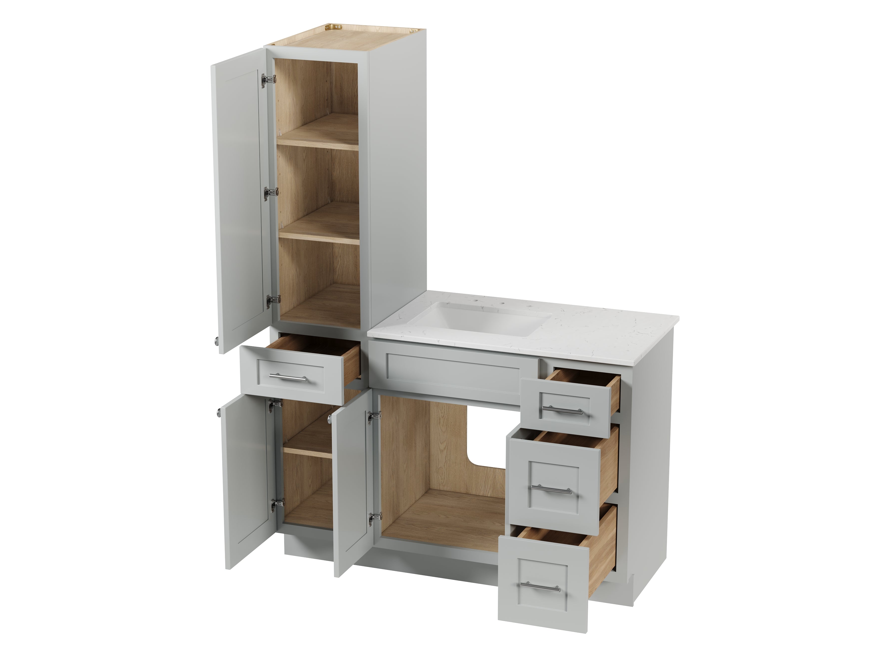 Disar 51' Single Bathroom Vanity With Left Linen Tall Cabinet Dovetail Solid Wood Drawer Carrara Quartz Top