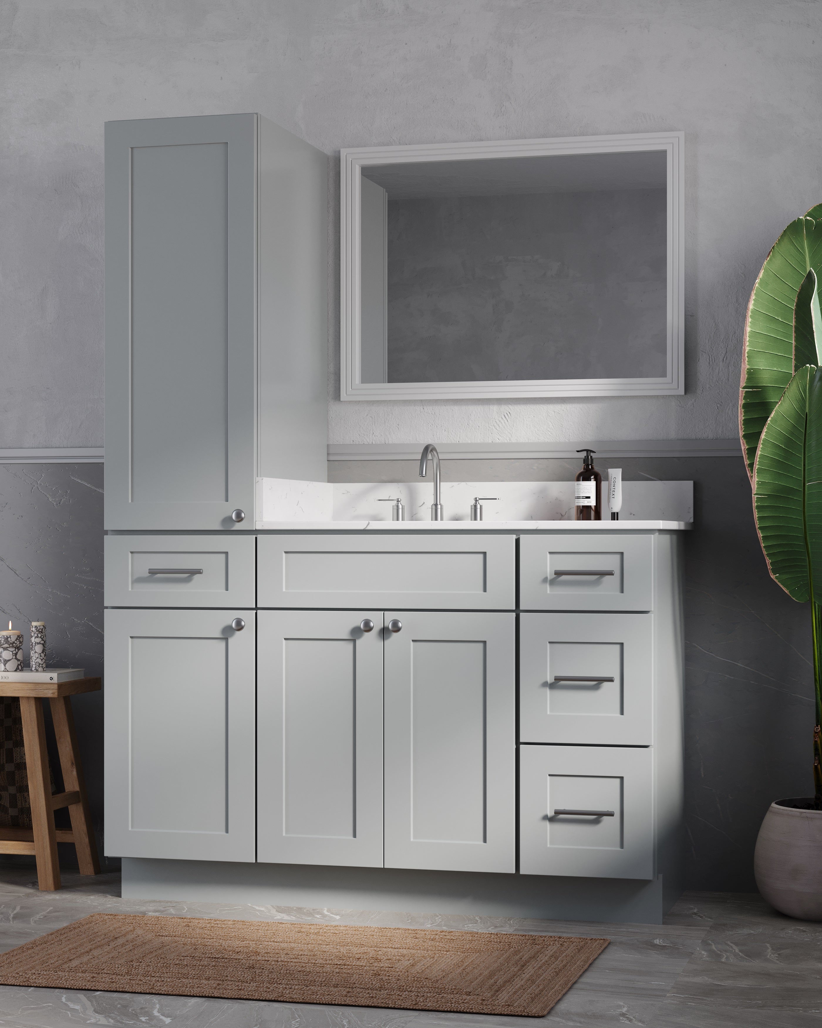 Disar 51' Single Bathroom Vanity With Left Linen Tall Cabinet Dovetail Solid Wood Drawer Carrara Quartz Top