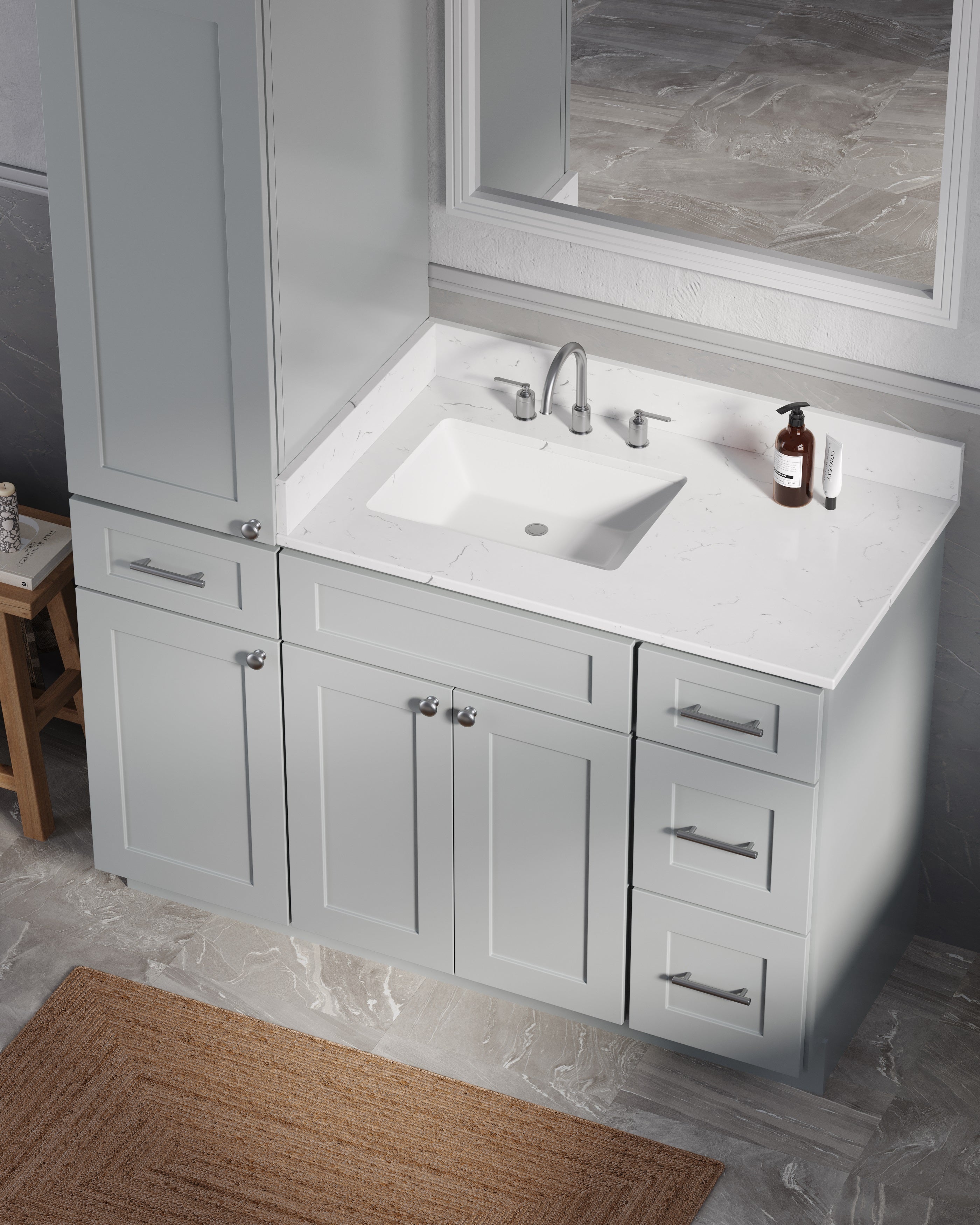 Disar 51' Single Bathroom Vanity With Left Linen Tall Cabinet Dovetail Solid Wood Drawer Carrara Quartz Top