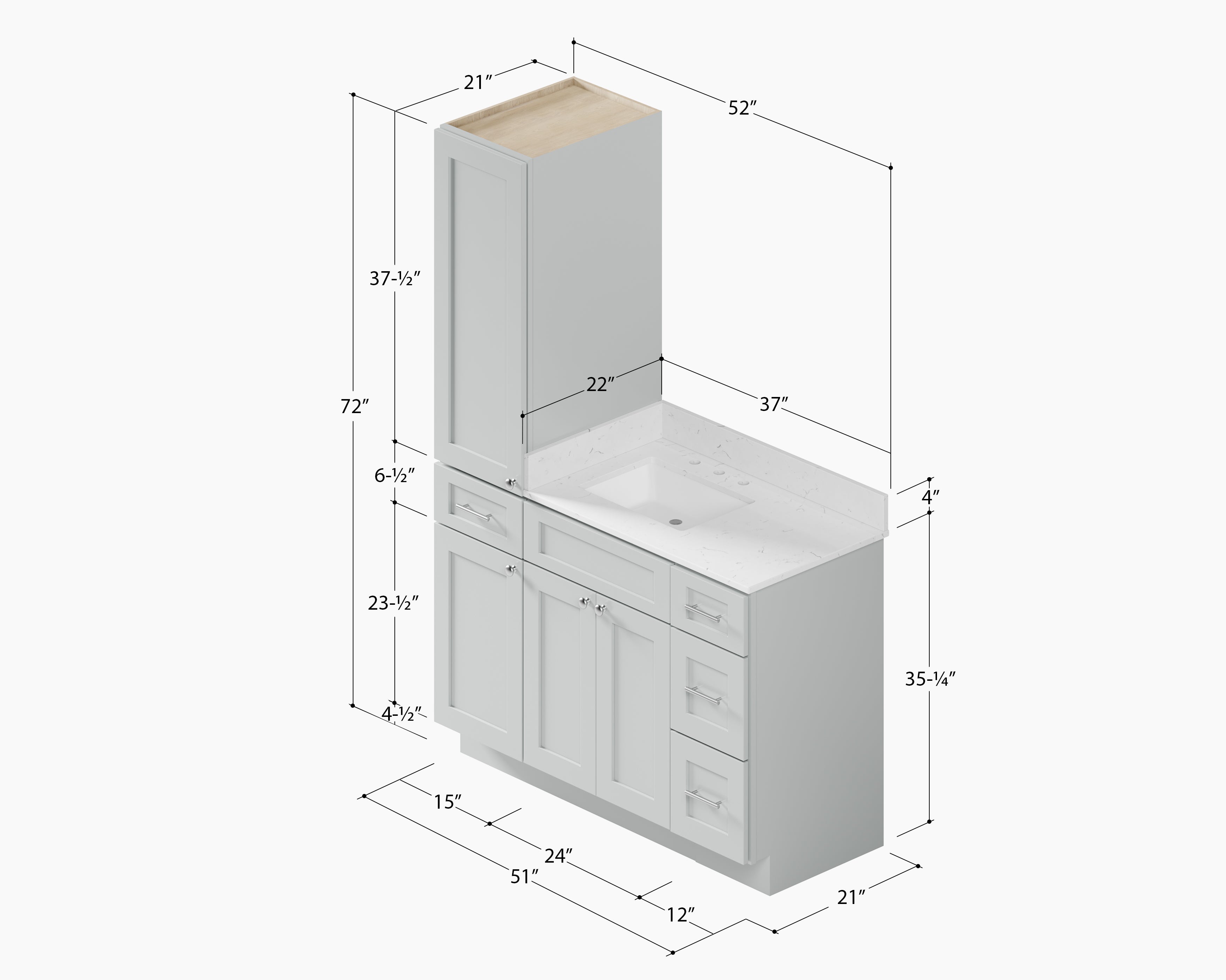 Disar 51' Single Bathroom Vanity With Left Linen Tall Cabinet Dovetail Solid Wood Drawer Carrara Quartz Top