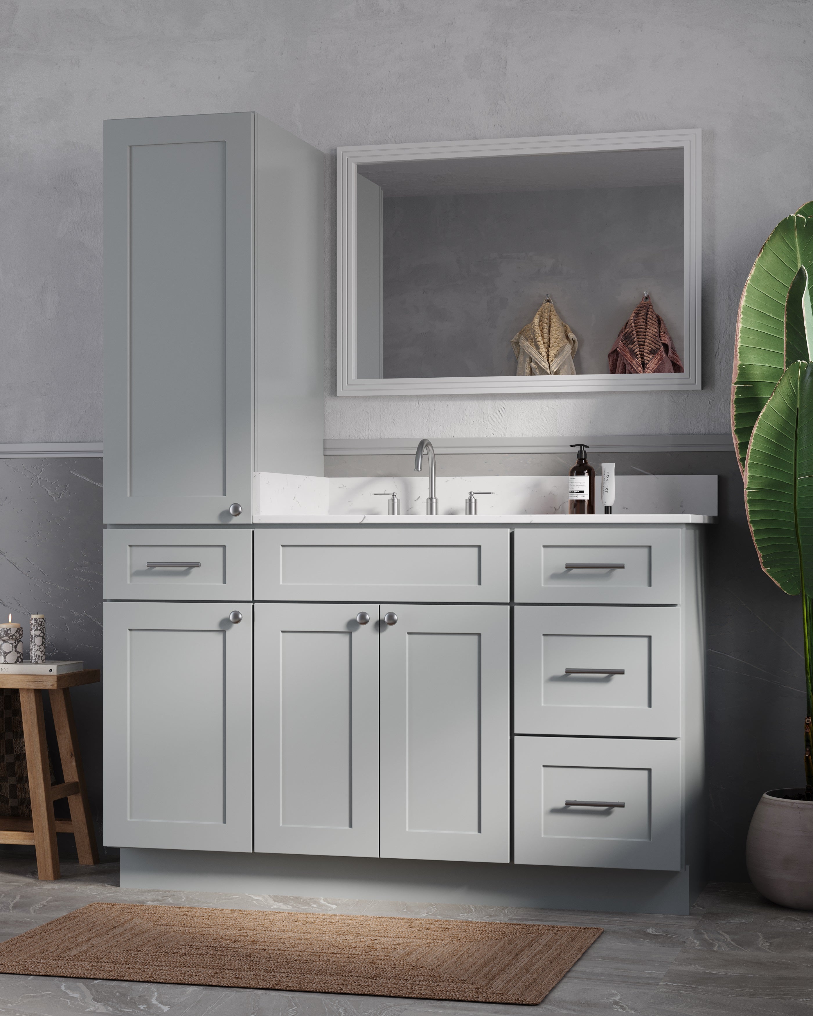 Disar 54' Single Bathroom Vanity With Left Linen Tall Cabinet Dovetail Solid Wood Drawer Carrara Quartz Top