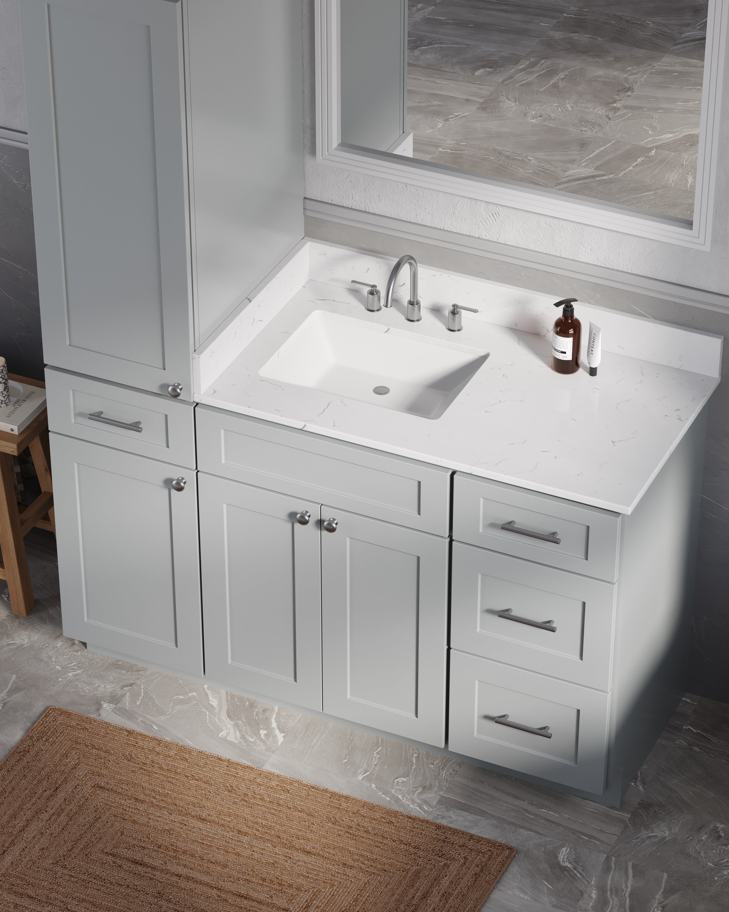 Disar 54' Single Bathroom Vanity With Left Linen Tall Cabinet Dovetail Solid Wood Drawer Carrara Quartz Top