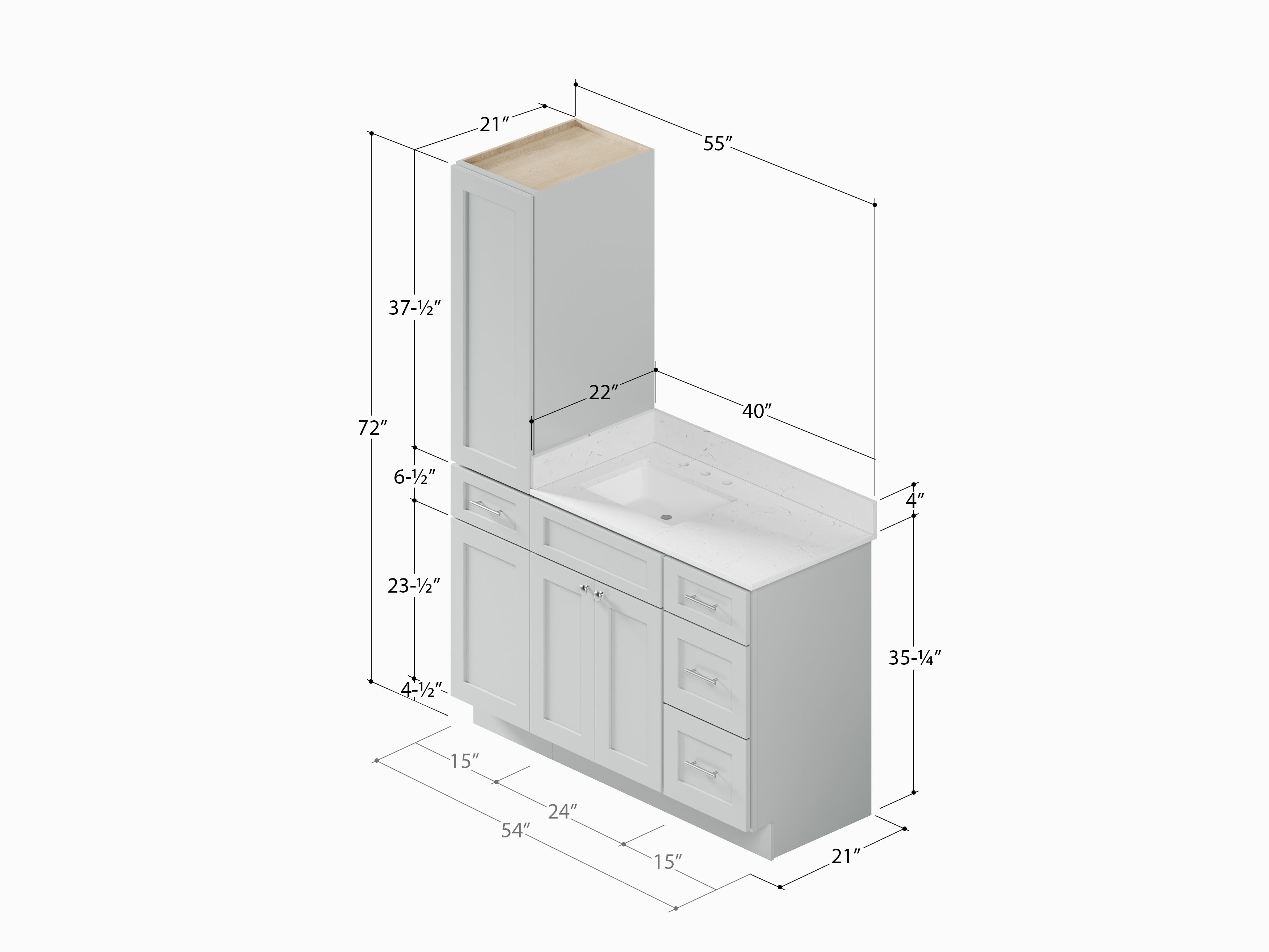 Disar 54' Single Bathroom Vanity With Left Linen Tall Cabinet Dovetail Solid Wood Drawer Carrara Quartz Top