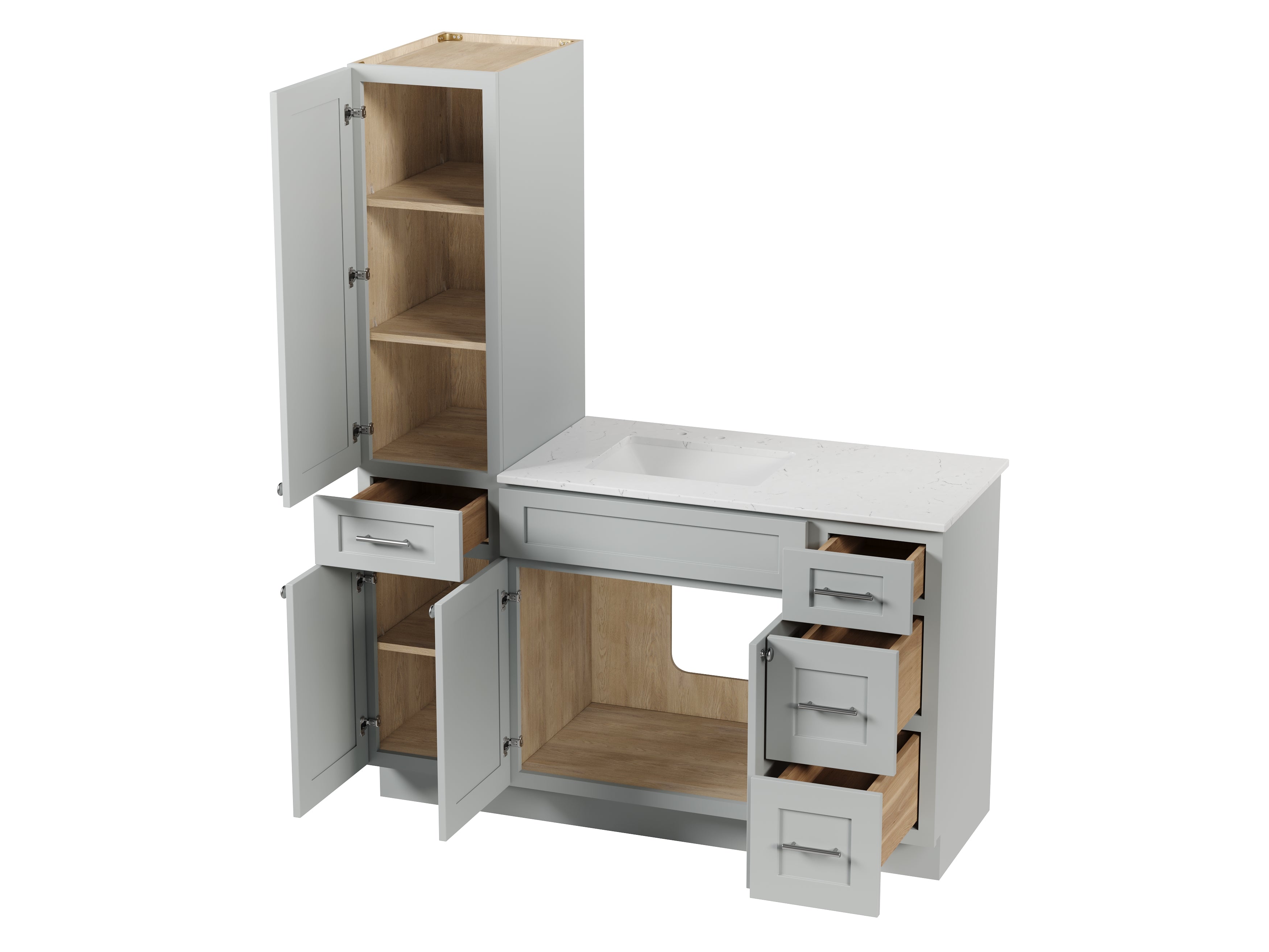 Disar 57" Single Bathroom Vanity With Left Linen Tall Cabinet Dovetail Solid Wood Drawer Carrara Quartz Top