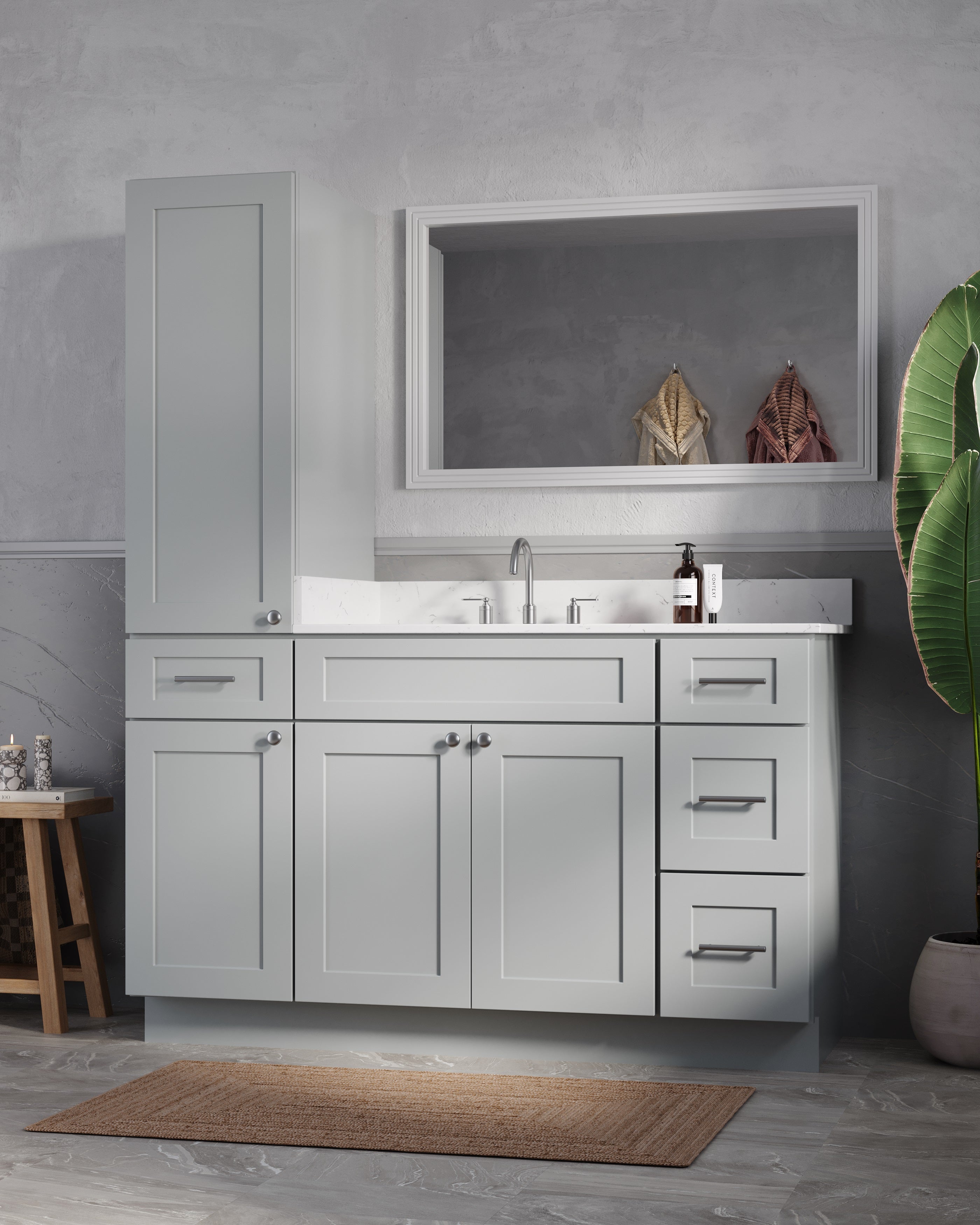 Disar 57" Single Bathroom Vanity With Left Linen Tall Cabinet Dovetail Solid Wood Drawer Carrara Quartz Top