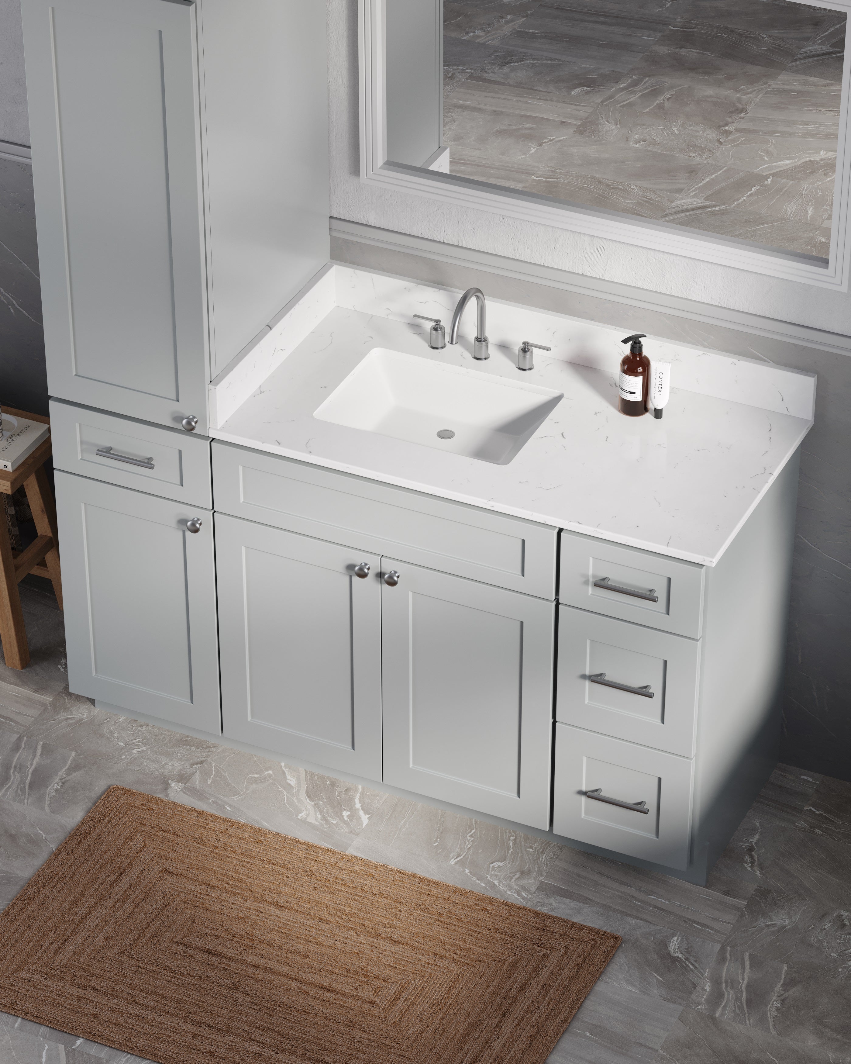 Disar 57" Single Bathroom Vanity With Left Linen Tall Cabinet Dovetail Solid Wood Drawer Carrara Quartz Top