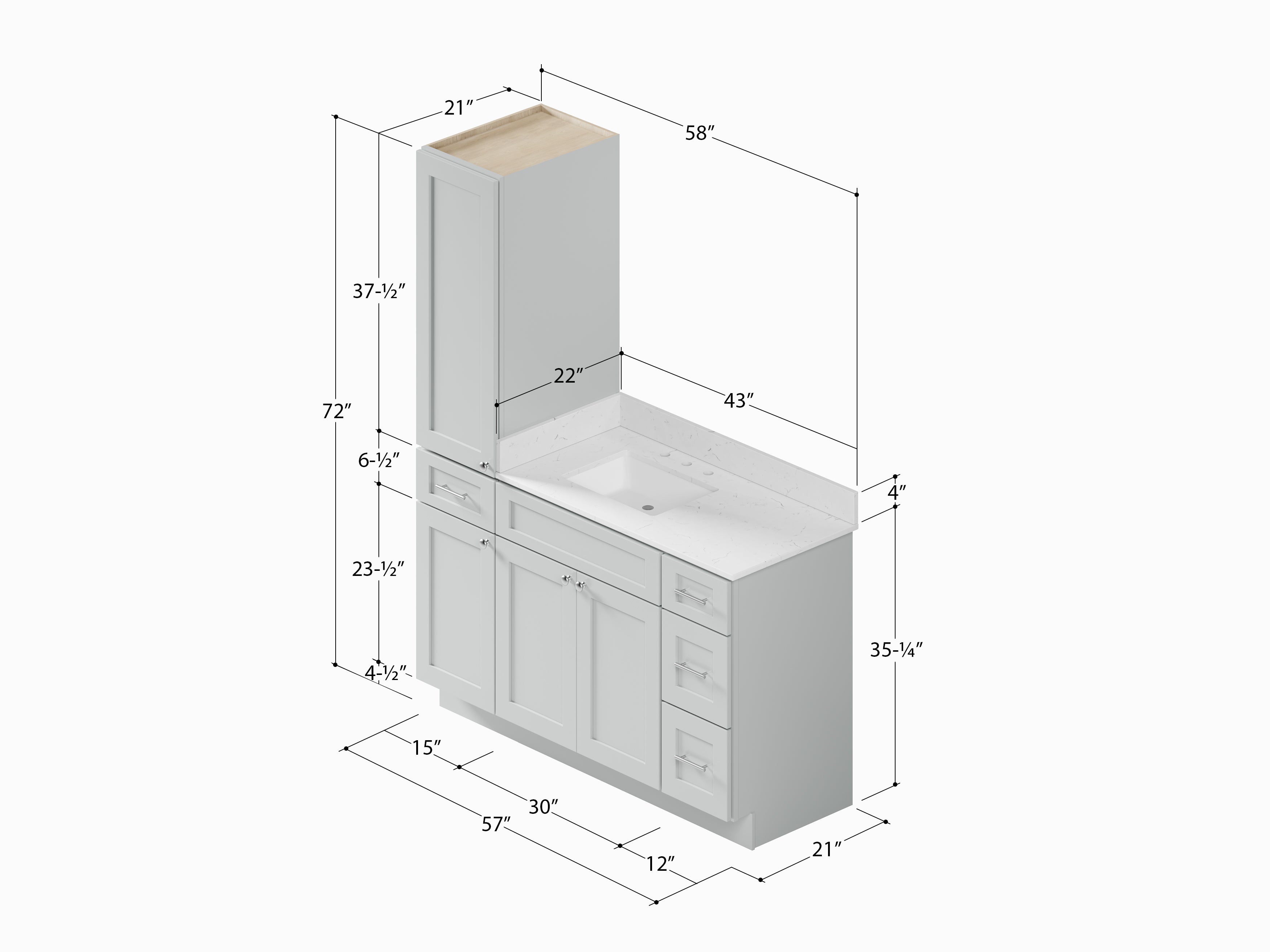 Disar 57" Single Bathroom Vanity With Left Linen Tall Cabinet Dovetail Solid Wood Drawer Carrara Quartz Top