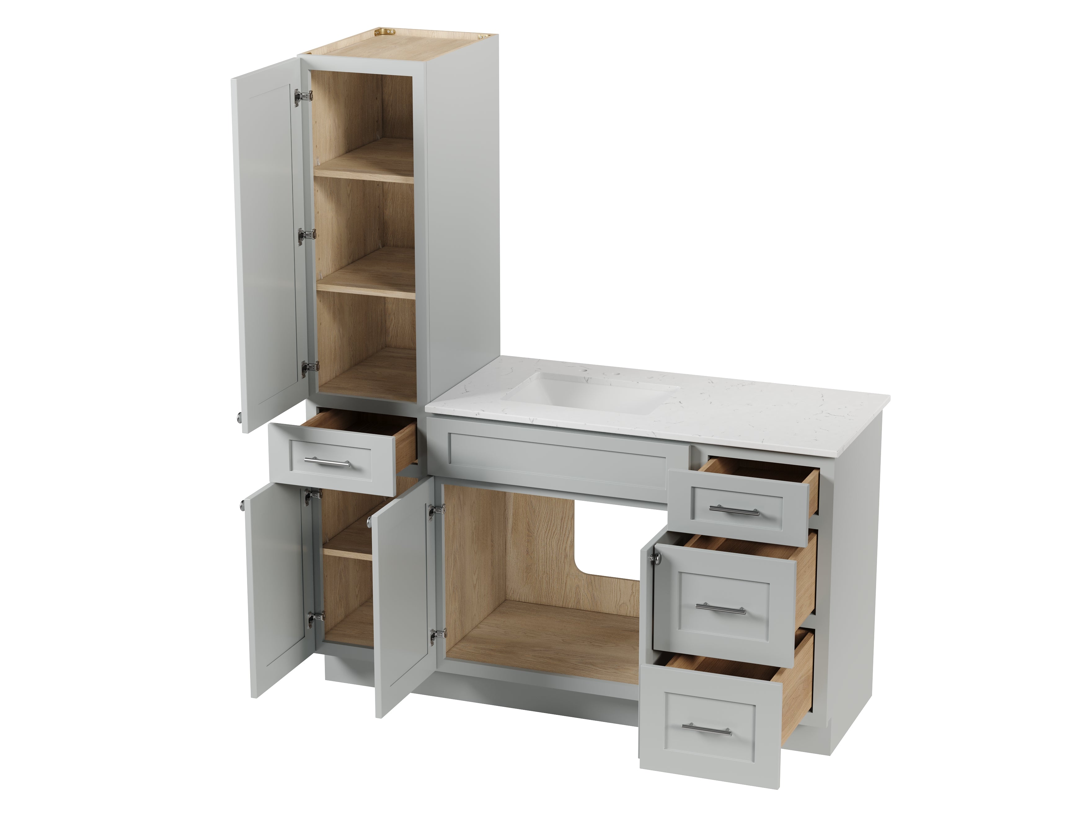 Disar 60' Single Bathroom Vanity With Left Linen Tall Cabinet Dovetail Solid Wood Drawer Carrara Quartz Top