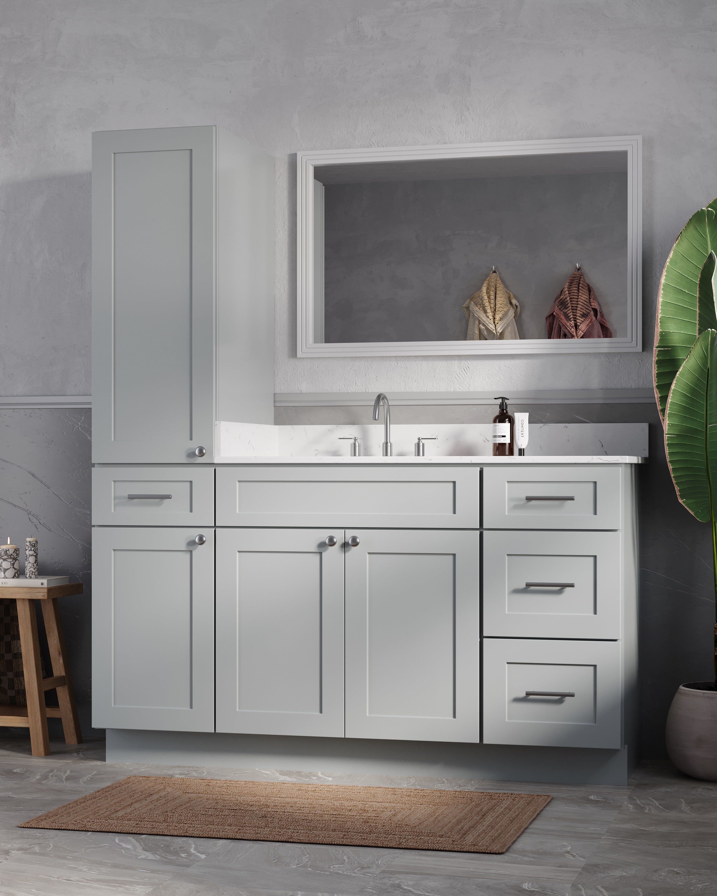 Disar 60' Single Bathroom Vanity With Left Linen Tall Cabinet Dovetail Solid Wood Drawer Carrara Quartz Top