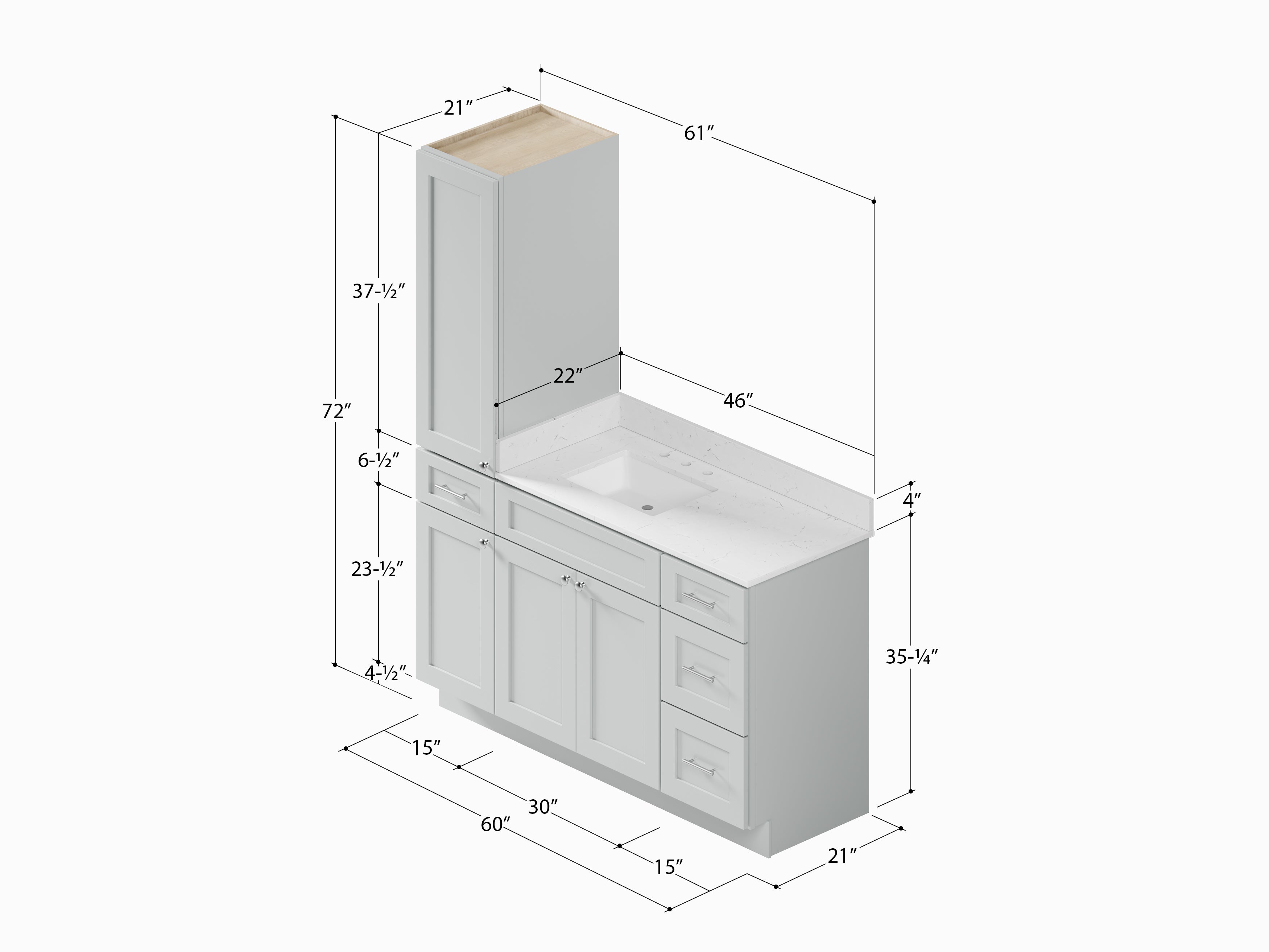 Disar 60' Single Bathroom Vanity With Left Linen Tall Cabinet Dovetail Solid Wood Drawer Carrara Quartz Top