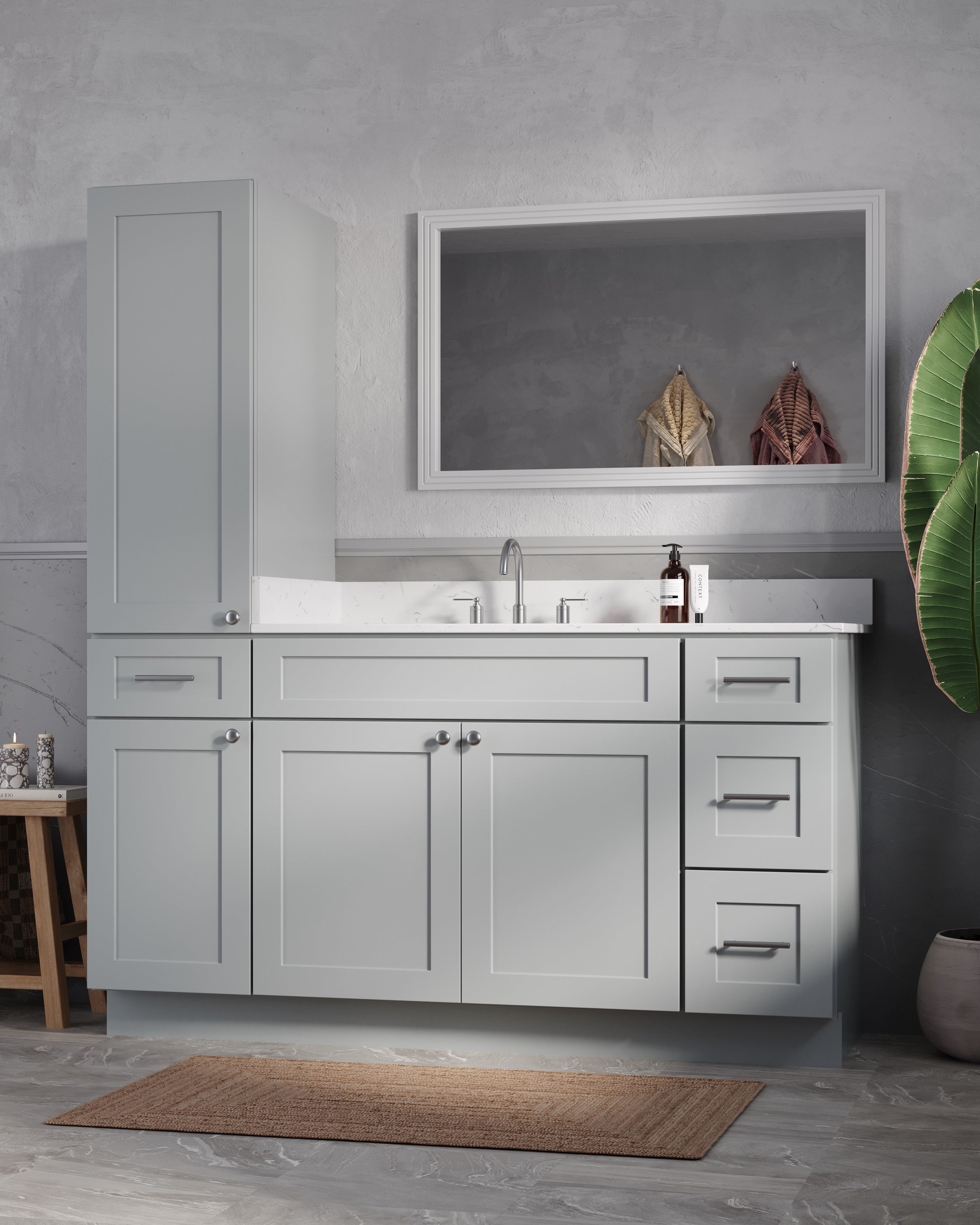 Disar 63'' Single Bathroom Vanity With Left Linen Tall Cabinet Dovetail Solid Wood Drawer Carrara Quartz Top