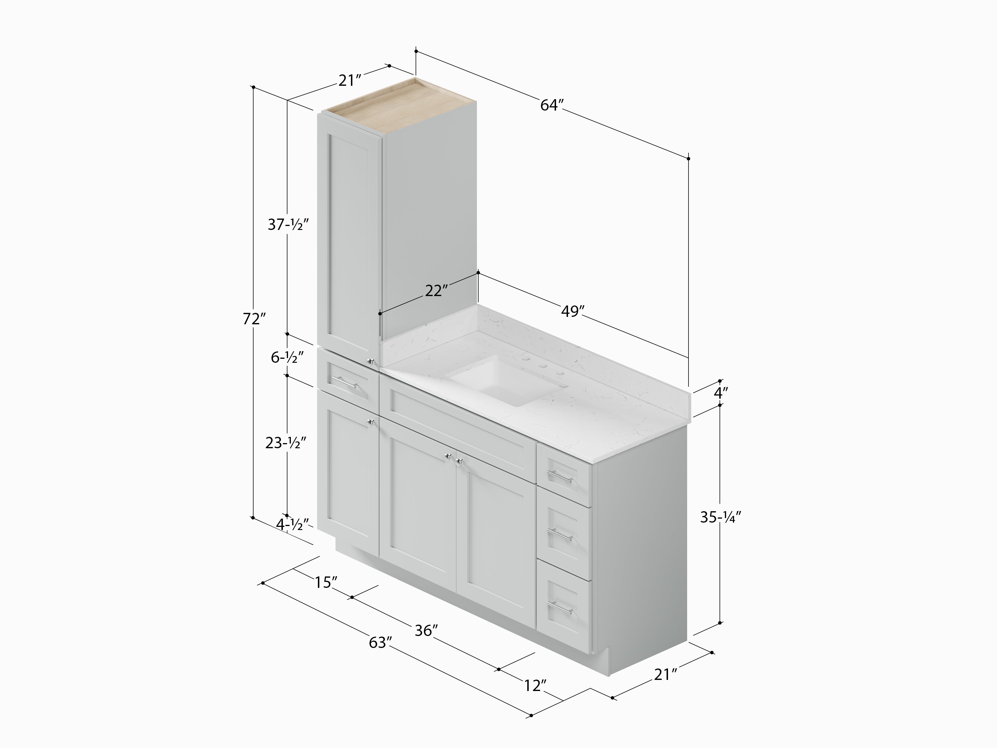 Disar 63'' Single Bathroom Vanity With Left Linen Tall Cabinet Dovetail Solid Wood Drawer Carrara Quartz Top
