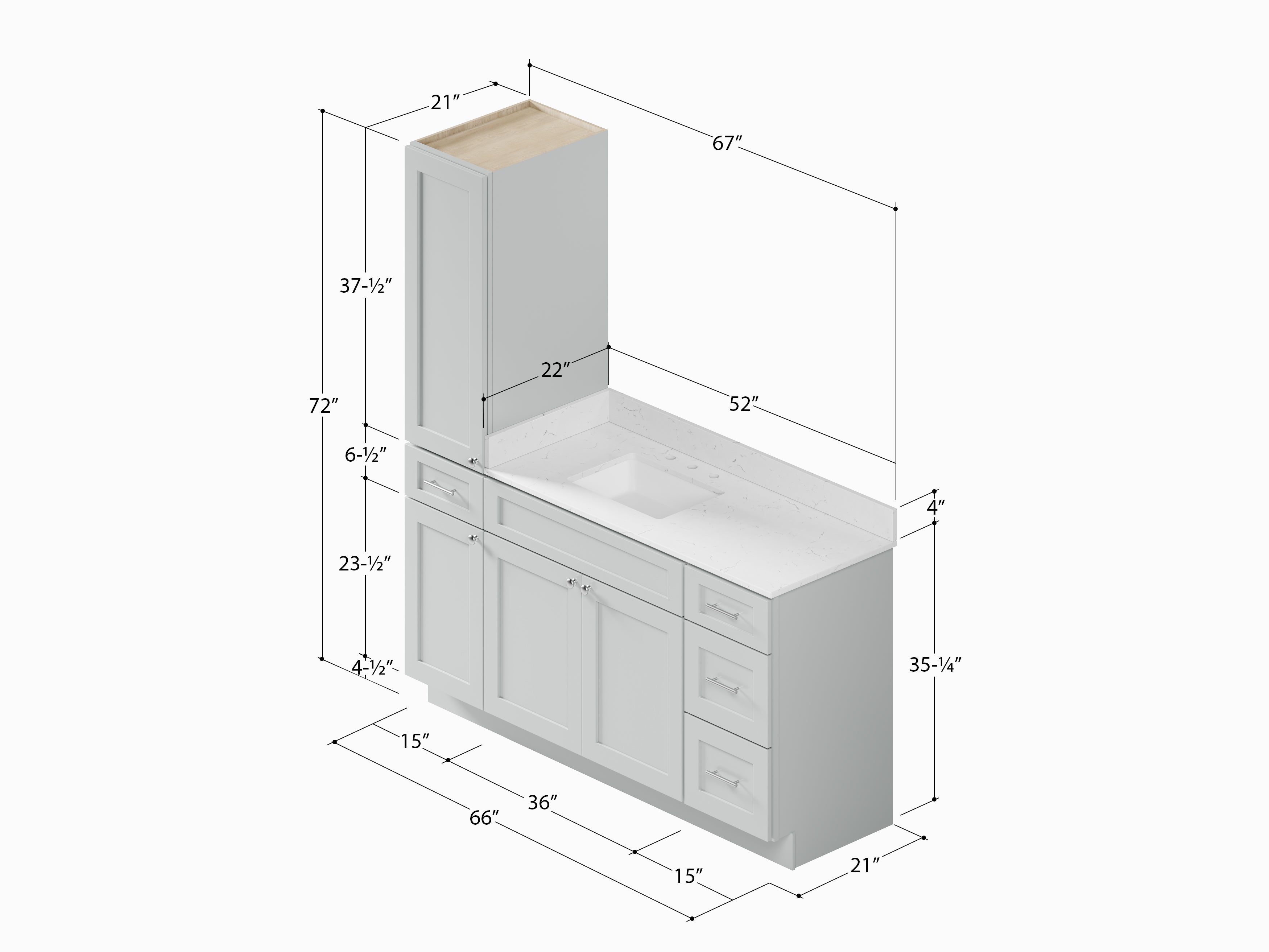 Disar 66' Single Bathroom Vanity With Left Linen Tall Cabinet Dovetail Solid Wood Drawer Carrara Quartz Top