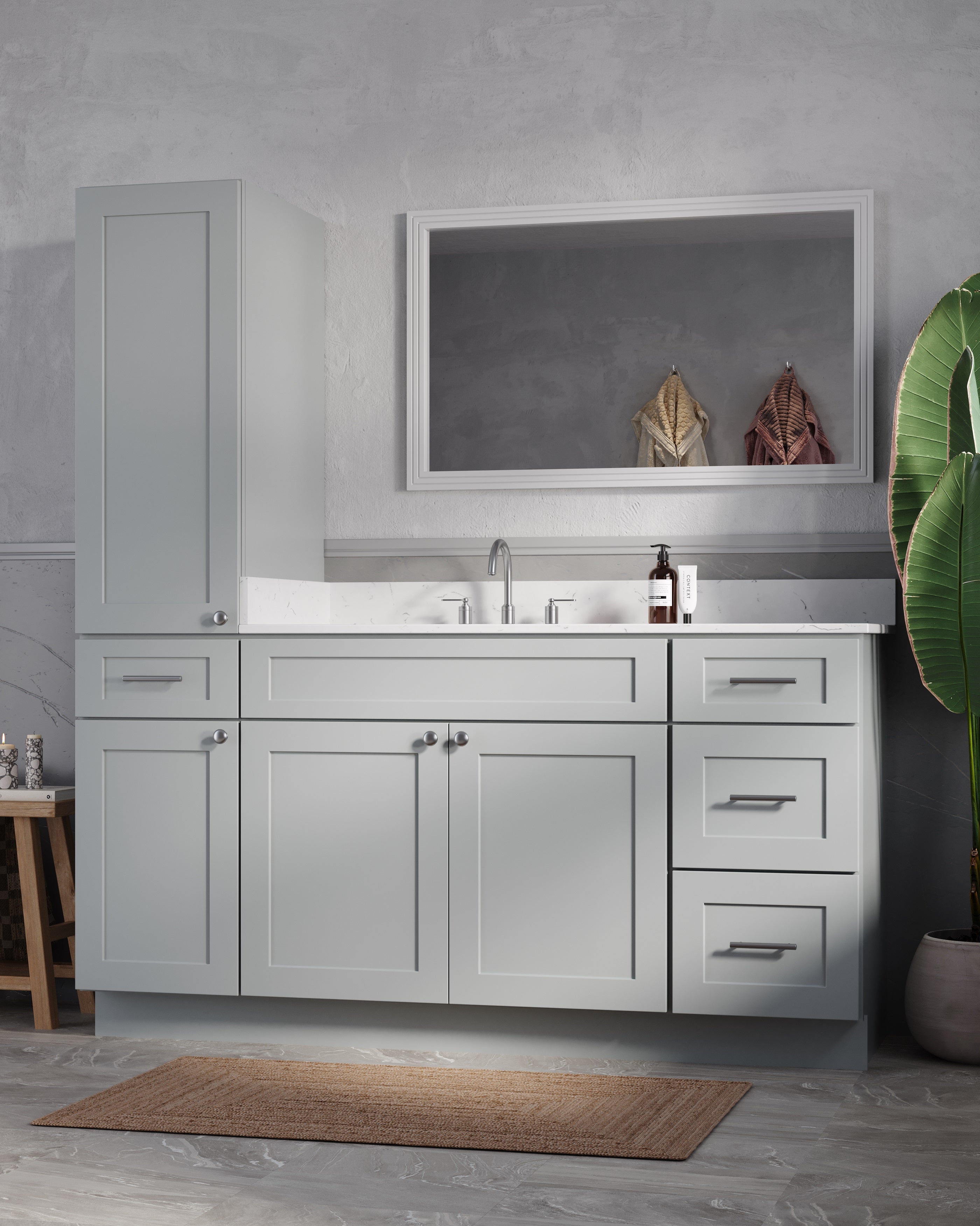 Disar 66' Single Bathroom Vanity With Left Linen Tall Cabinet Dovetail Solid Wood Drawer Carrara Quartz Top