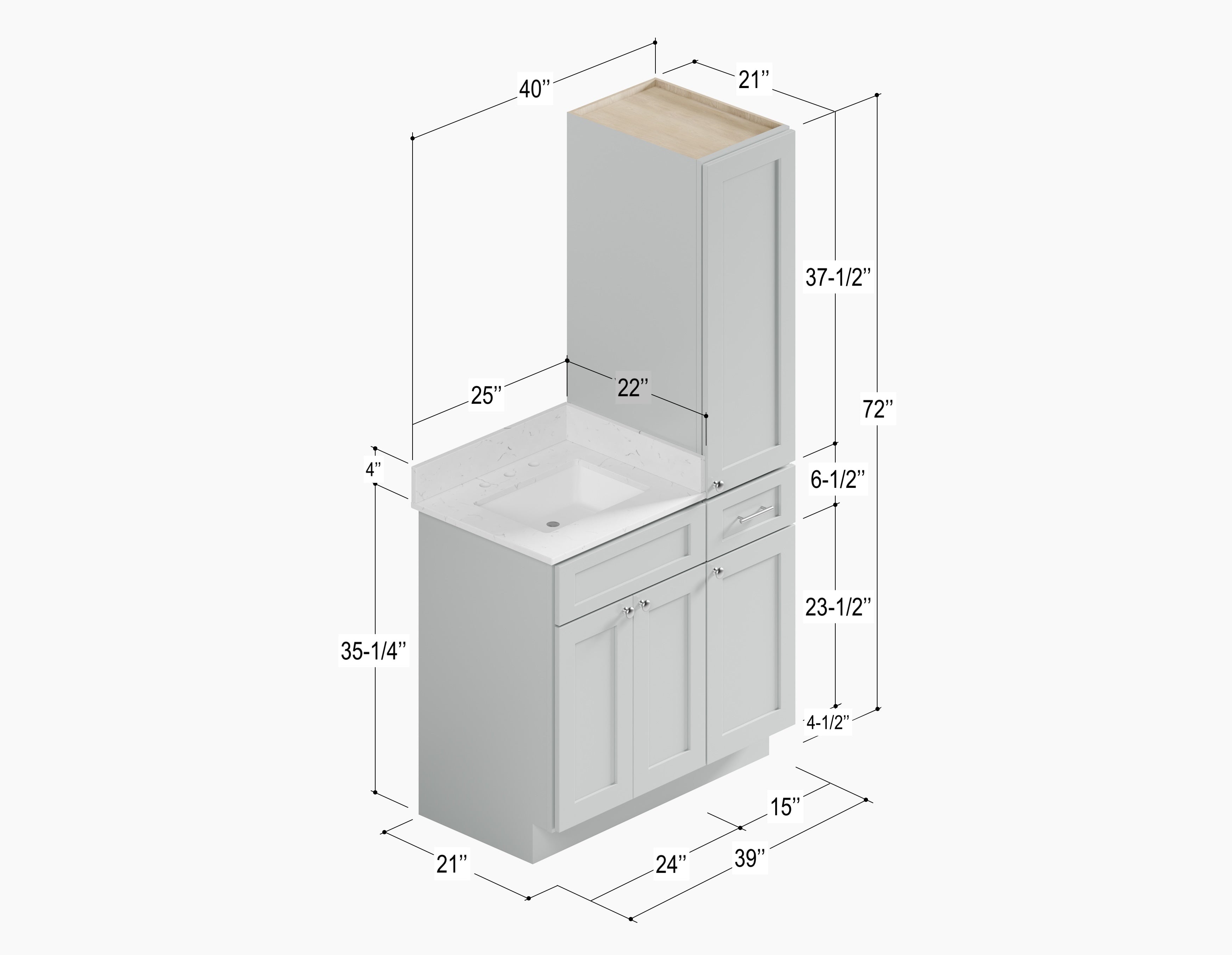 Disar 39'' Single Bathroom Vanity With Right Linen Tall Cabinet Dovetail Solid Wood Drawer Carrara Quartz Top