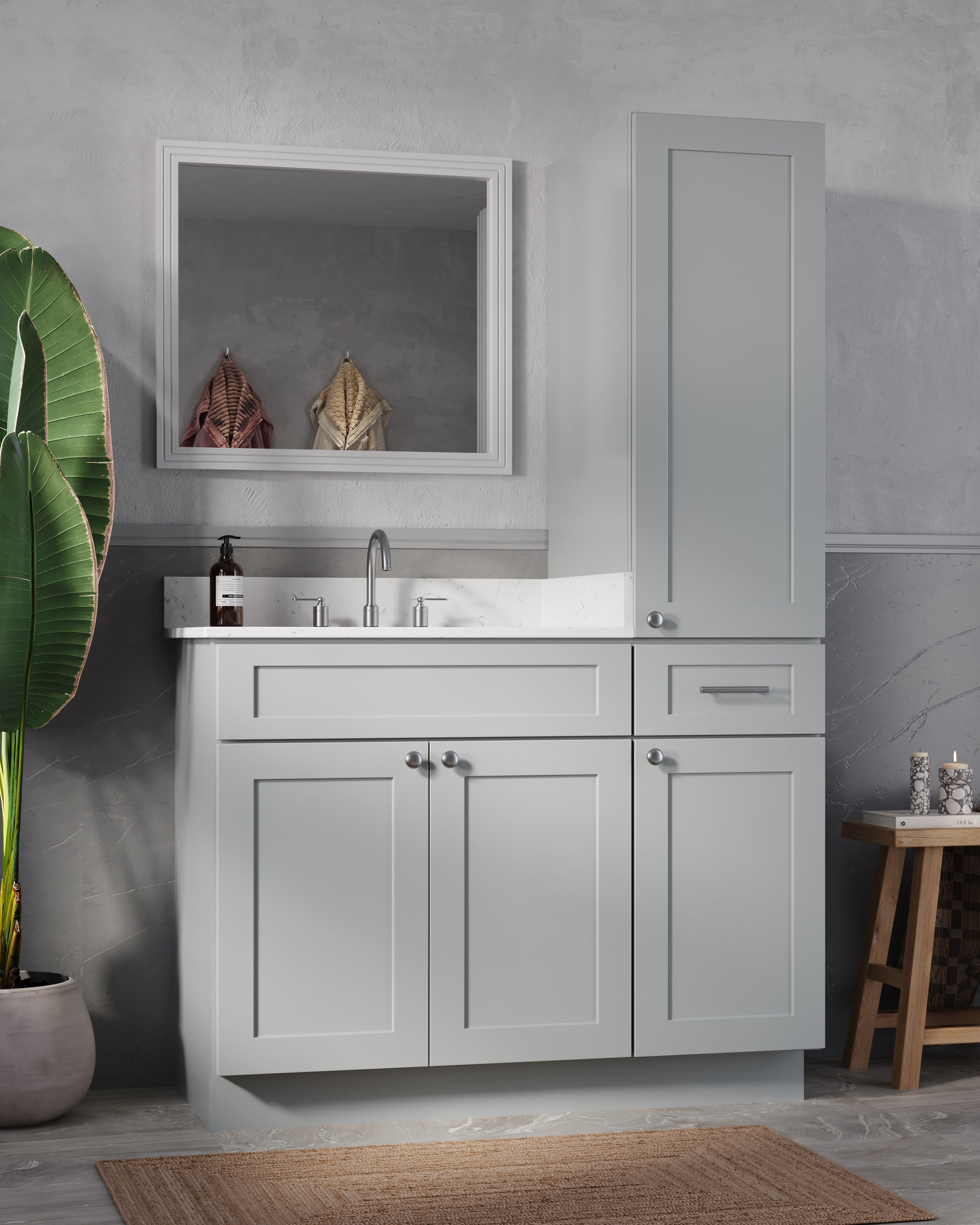 Disar 45'' Single Bathroom Vanity With Right Linen Tall Cabinet Dovetail Solid Wood Drawer Carrara Quartz Top