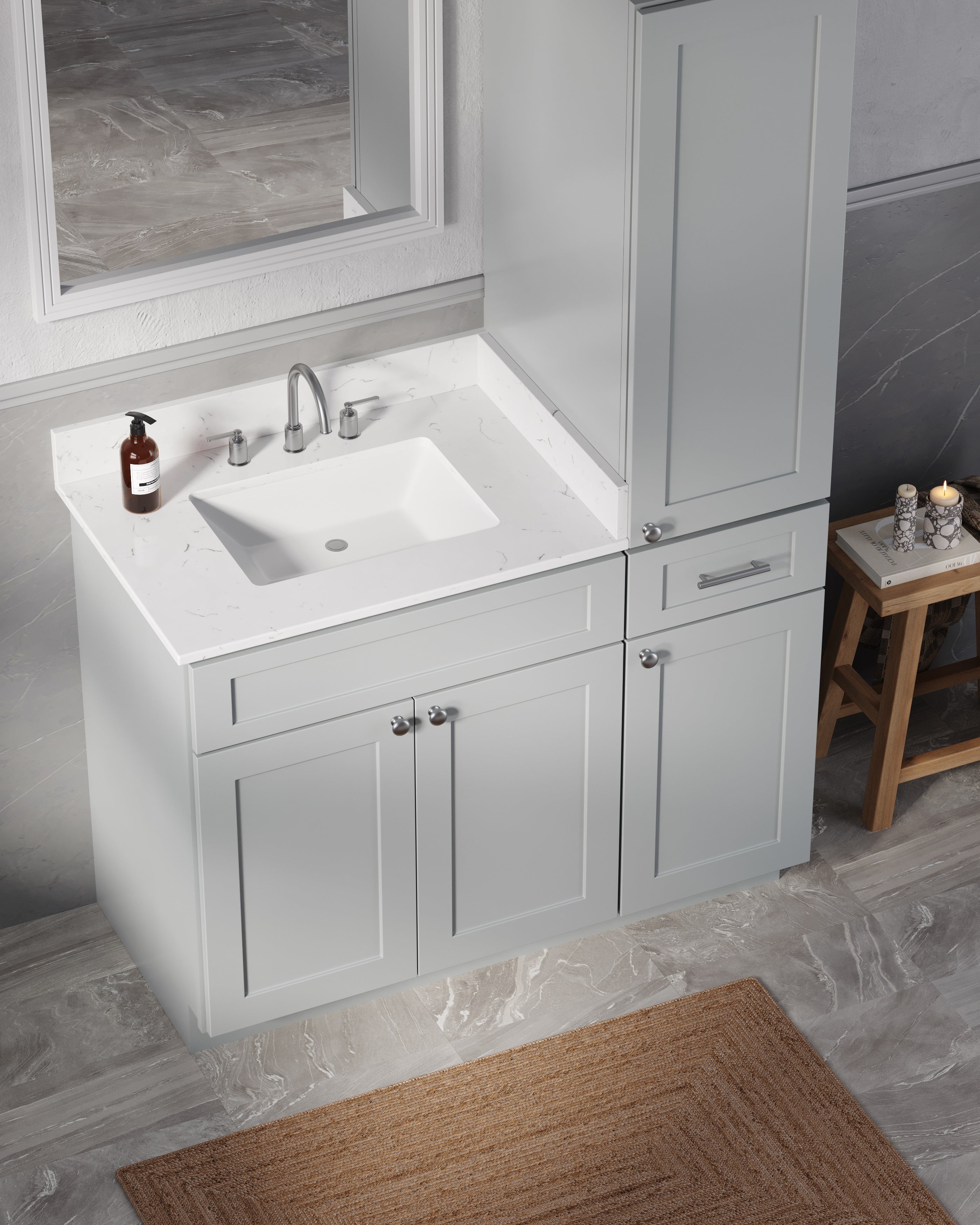 Disar 45'' Single Bathroom Vanity With Right Linen Tall Cabinet Dovetail Solid Wood Drawer Carrara Quartz Top