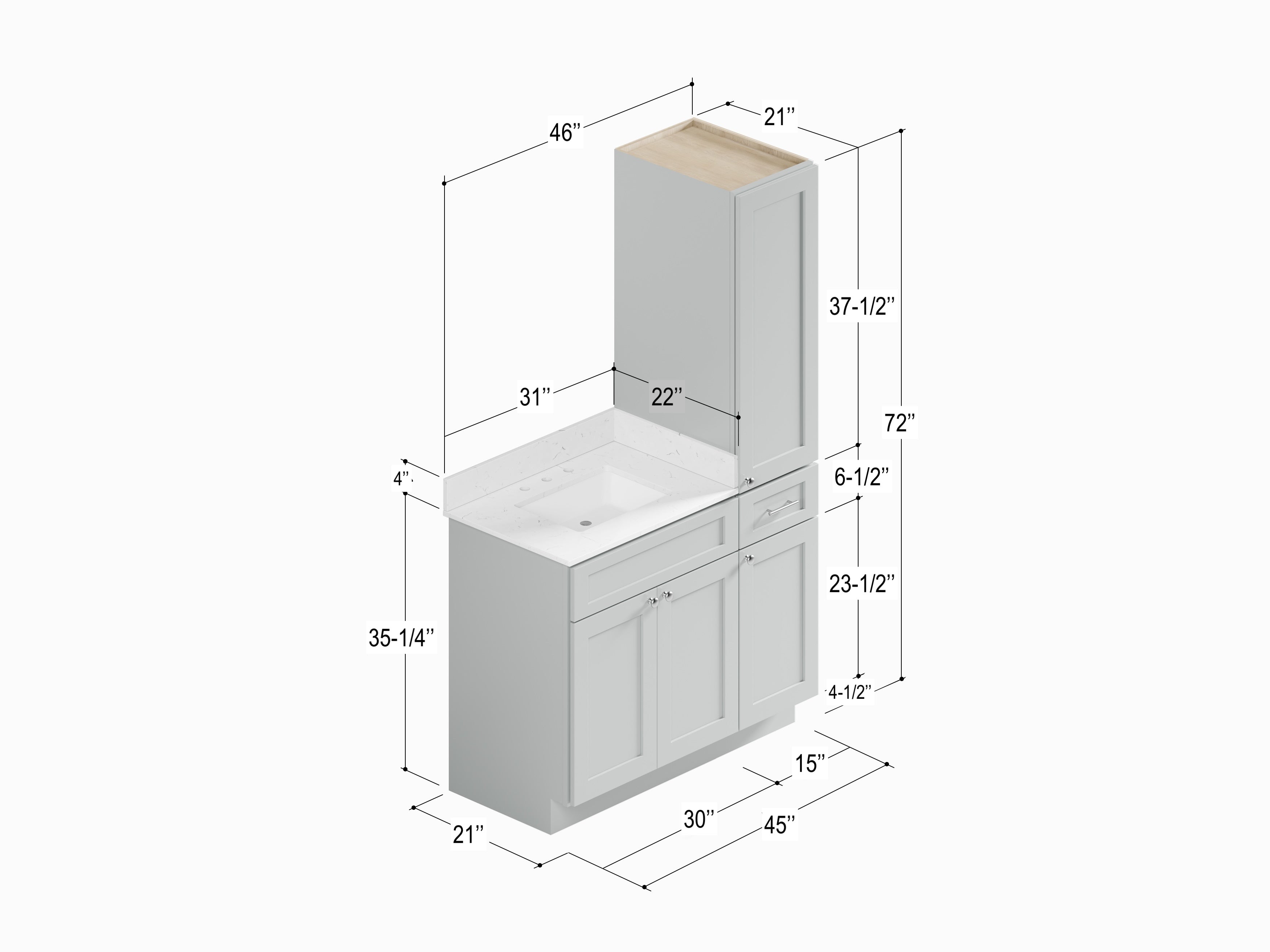 Disar 45'' Single Bathroom Vanity With Right Linen Tall Cabinet Dovetail Solid Wood Drawer Carrara Quartz Top