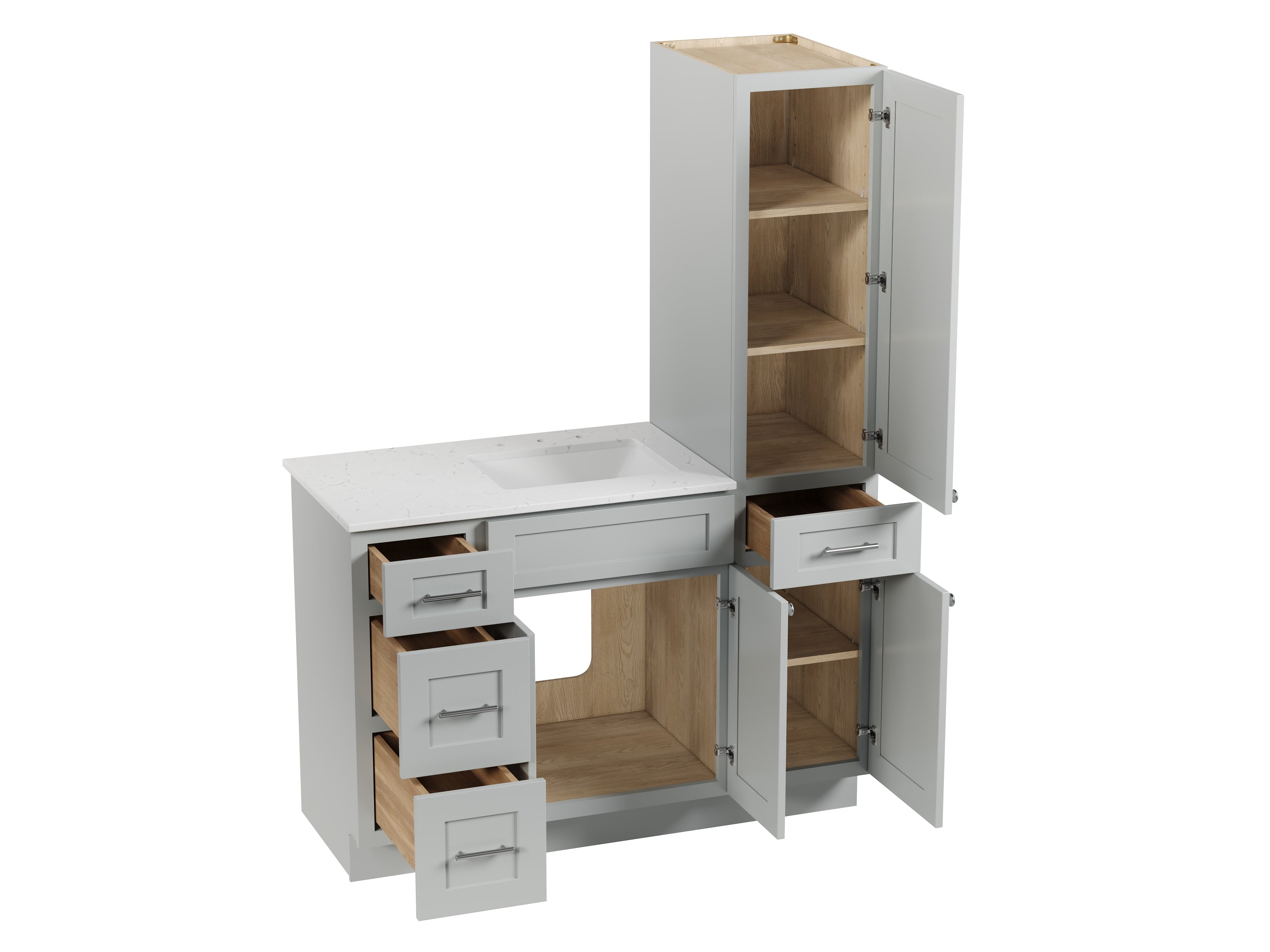 Disar 51'' Single Bathroom Vanity With Right Linen Tall Cabinet Dovetail Solid Wood Drawer Carrara Quartz Top