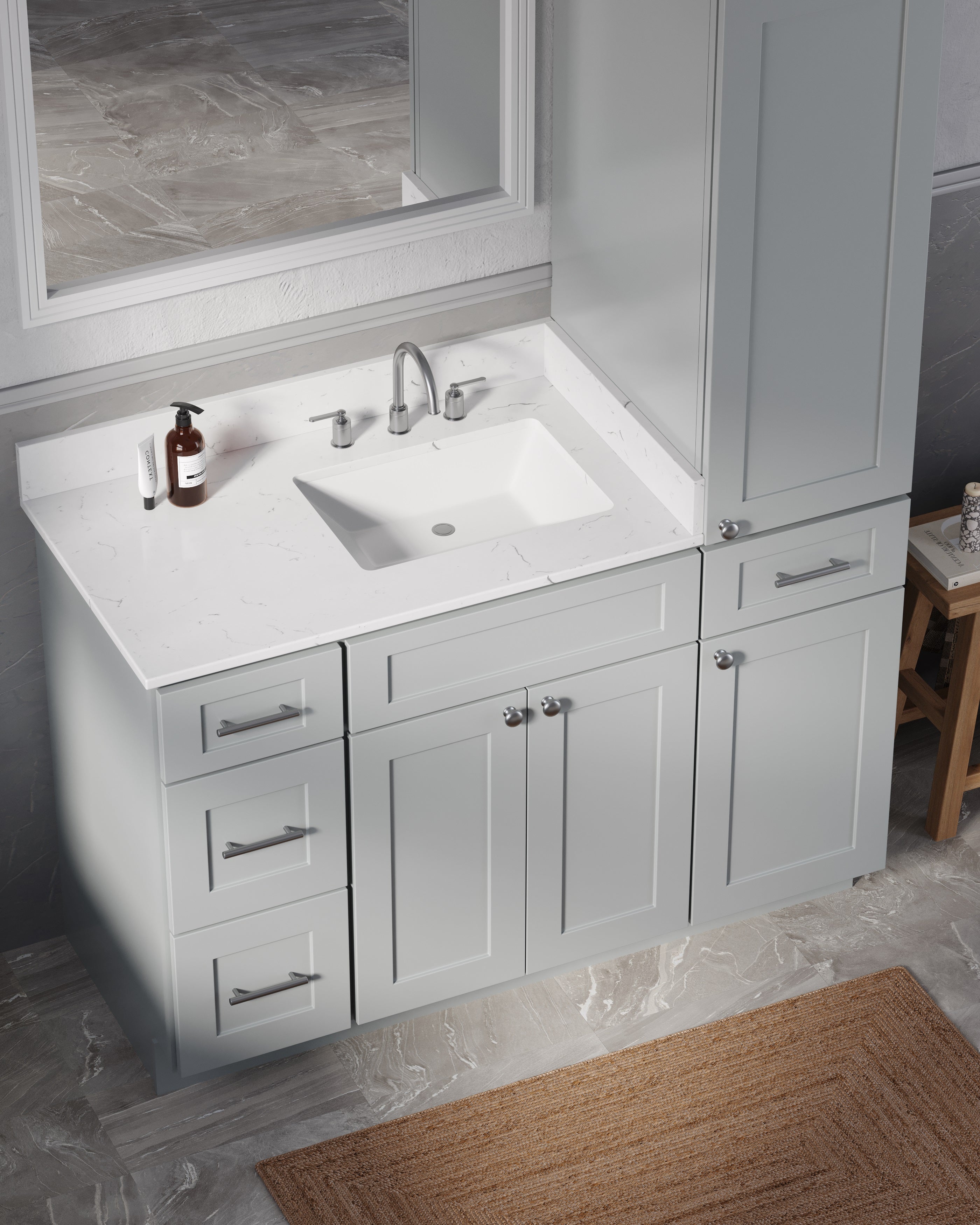 Disar 51'' Single Bathroom Vanity With Right Linen Tall Cabinet Dovetail Solid Wood Drawer Carrara Quartz Top