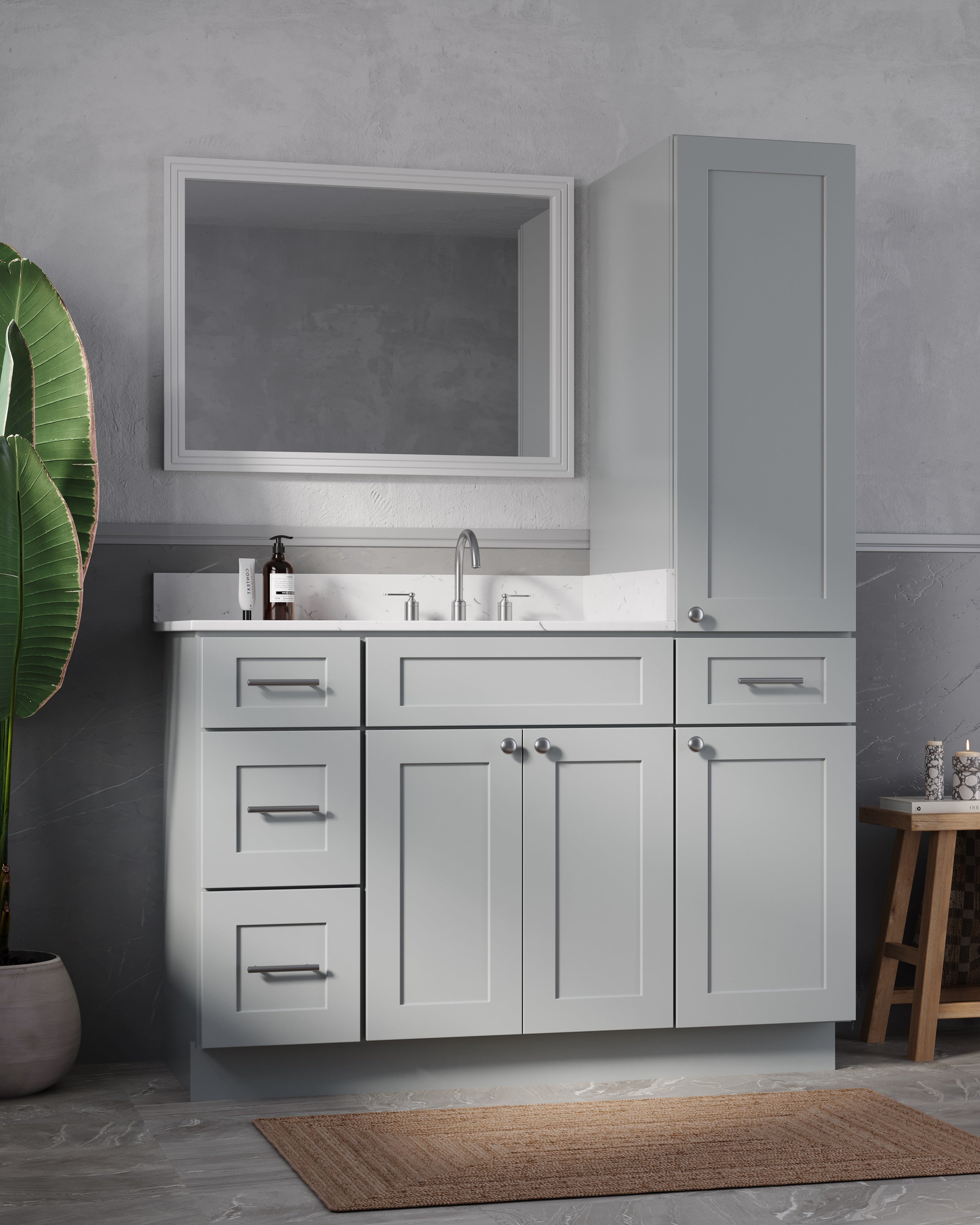 Disar 51'' Single Bathroom Vanity With Right Linen Tall Cabinet Dovetail Solid Wood Drawer Carrara Quartz Top