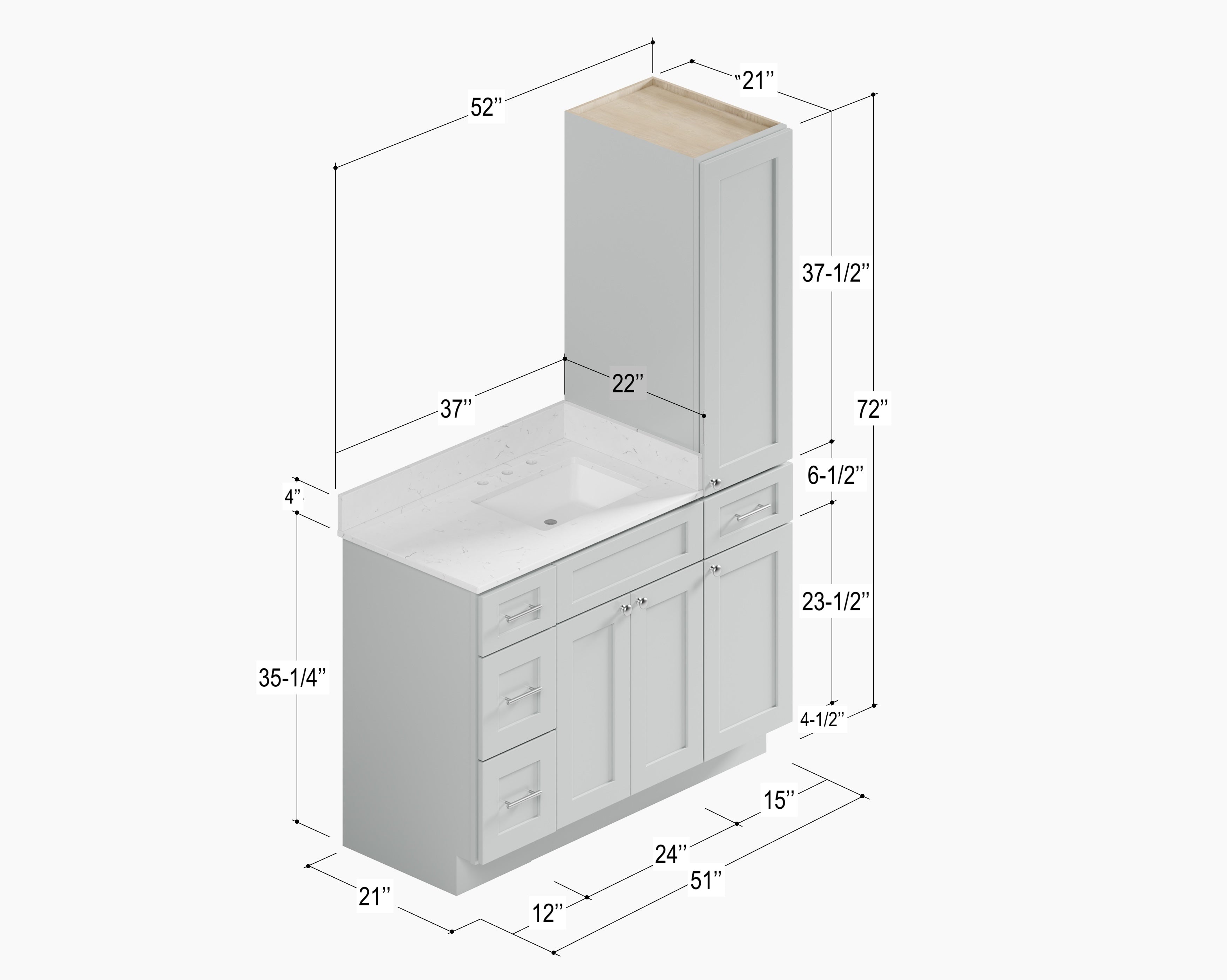 Disar 51'' Single Bathroom Vanity With Right Linen Tall Cabinet Dovetail Solid Wood Drawer Carrara Quartz Top