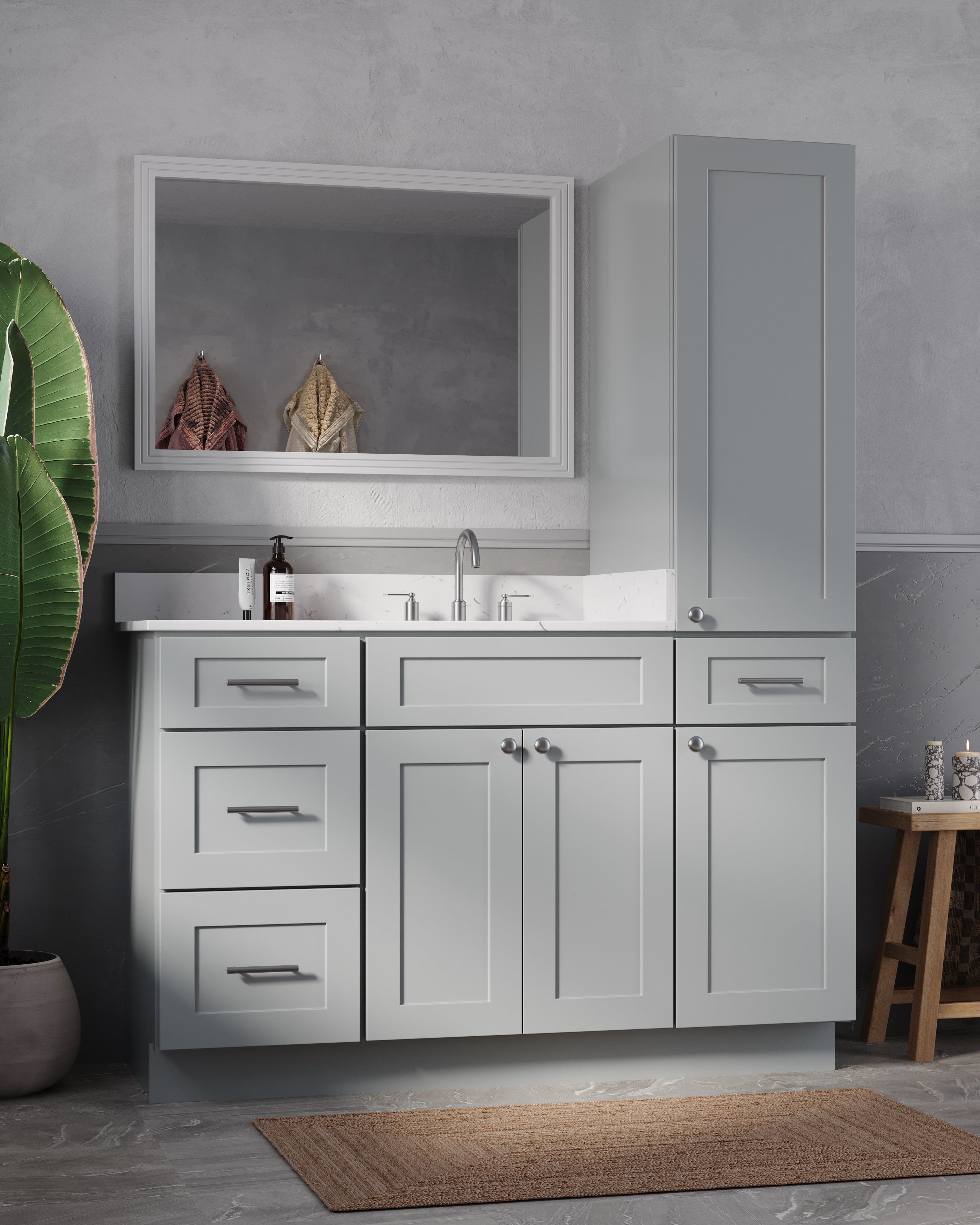Disar 54'' Single Bathroom Vanity With Right Linen Tall Cabinet Dovetail Solid Wood Drawer Carrara Quartz Top