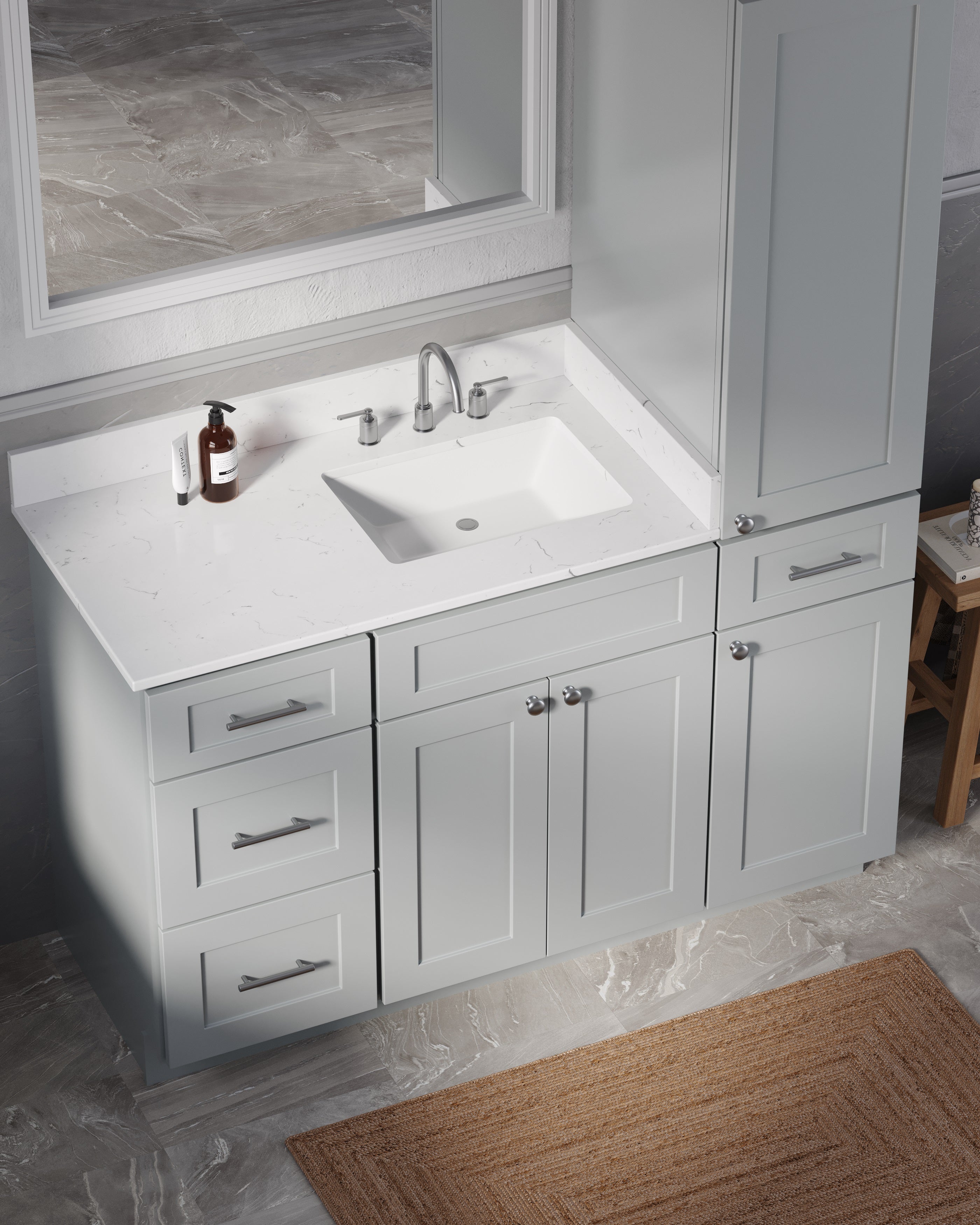 Disar 54'' Single Bathroom Vanity With Right Linen Tall Cabinet Dovetail Solid Wood Drawer Carrara Quartz Top