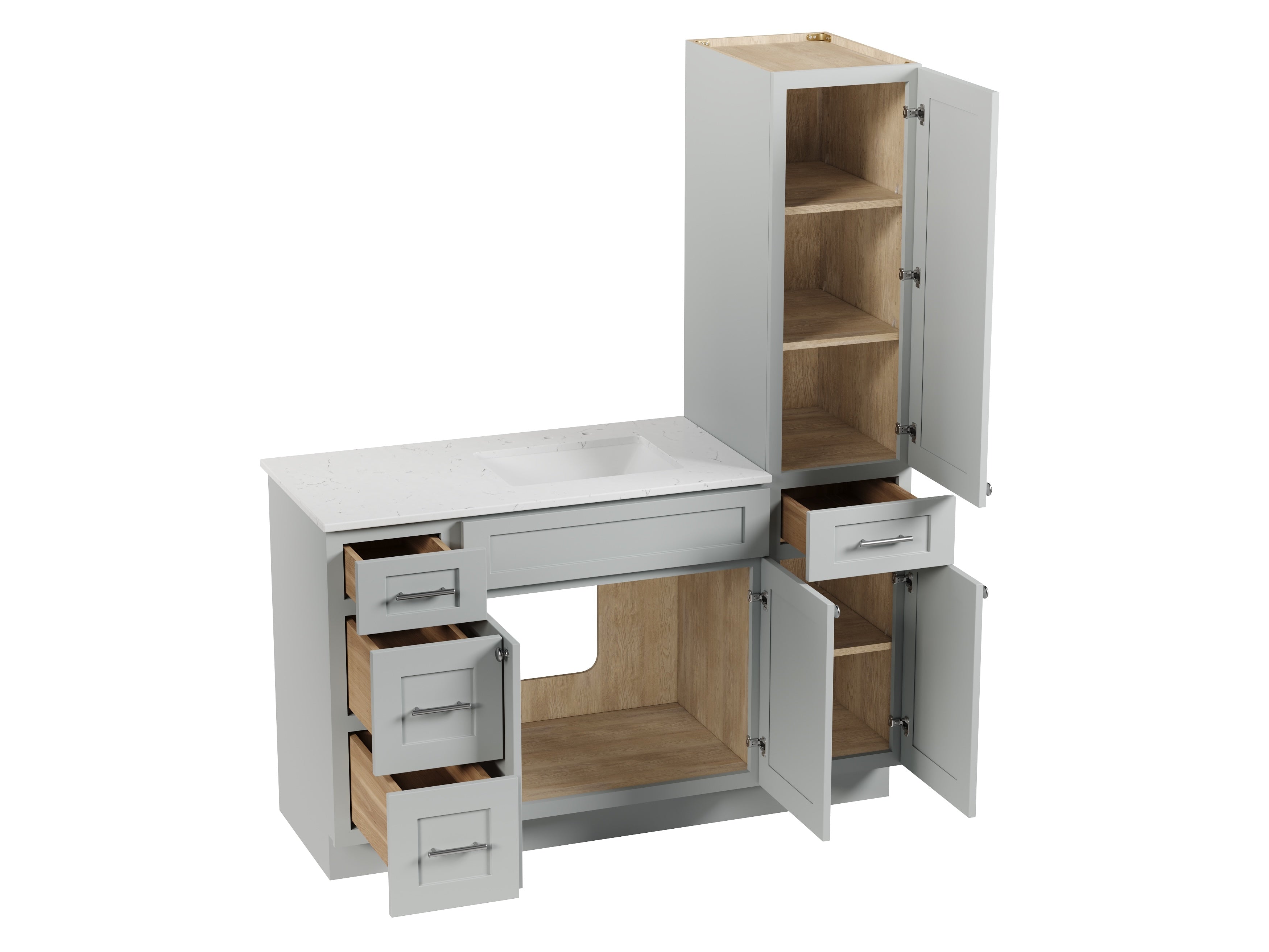 Disar 57" Single Bathroom Vanity With Right Linen Tall Cabinet Dovetail Solid Wood Drawer Carrara Quartz Top