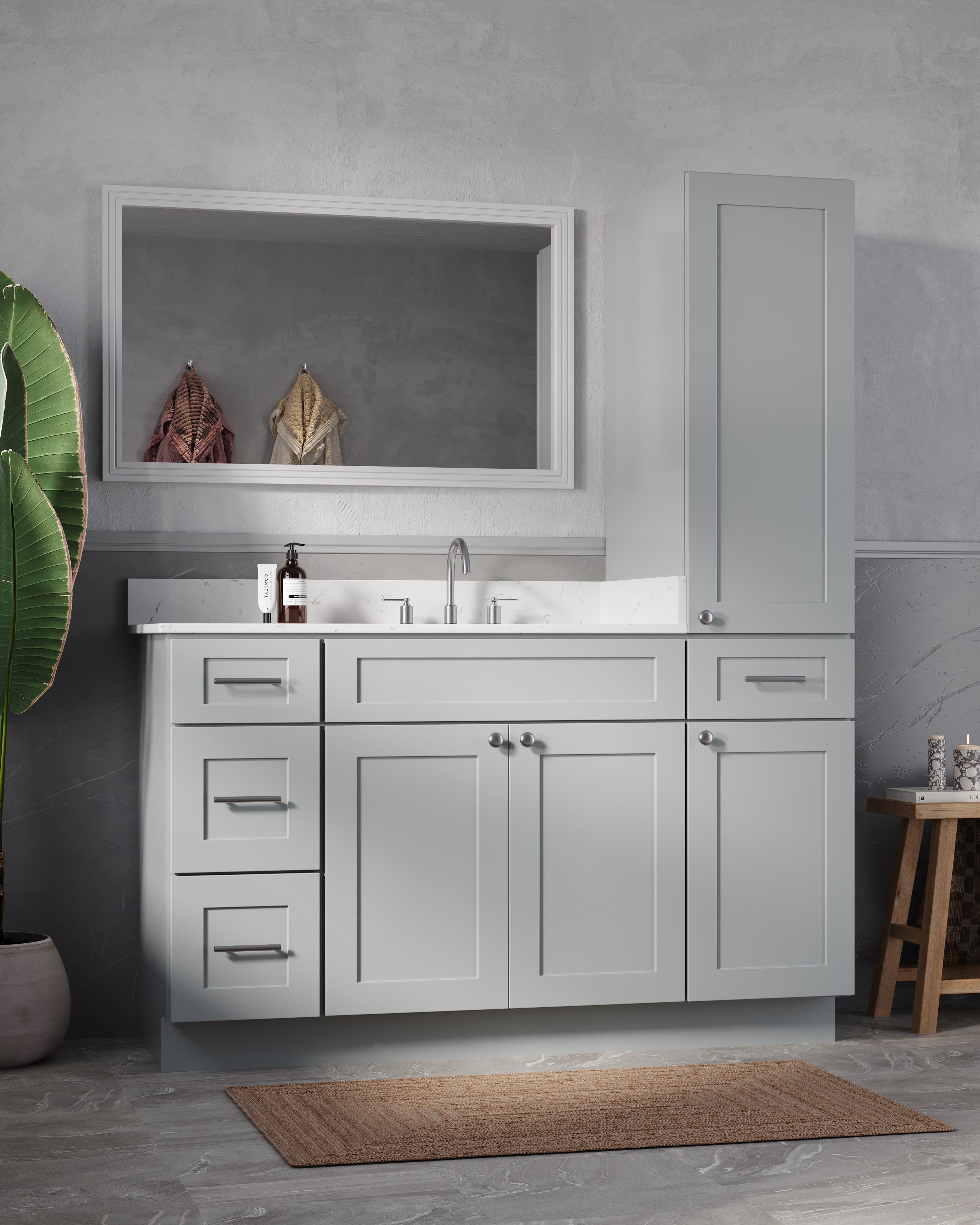 Disar 57" Single Bathroom Vanity With Right Linen Tall Cabinet Dovetail Solid Wood Drawer Carrara Quartz Top