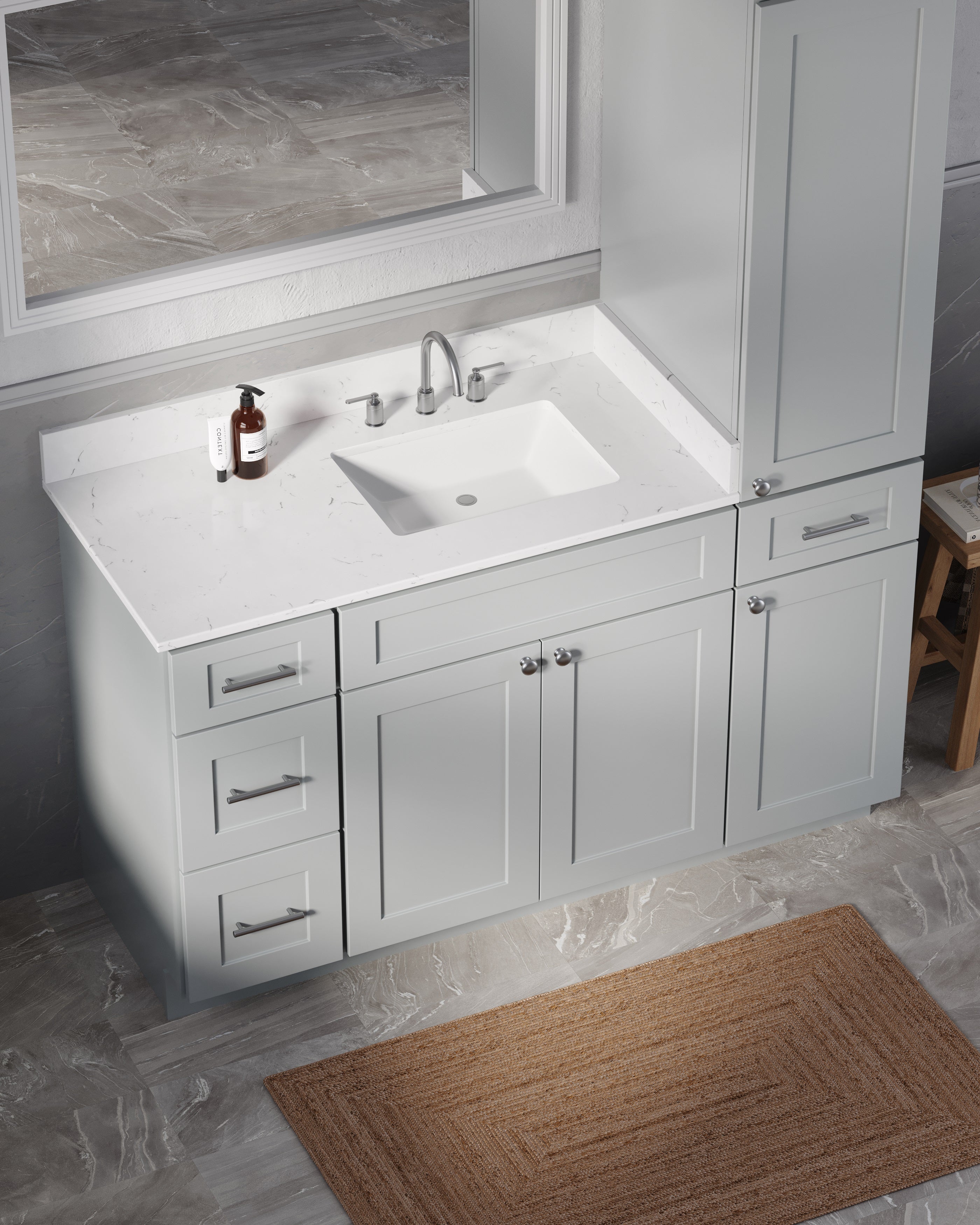 Disar 57" Single Bathroom Vanity With Right Linen Tall Cabinet Dovetail Solid Wood Drawer Carrara Quartz Top