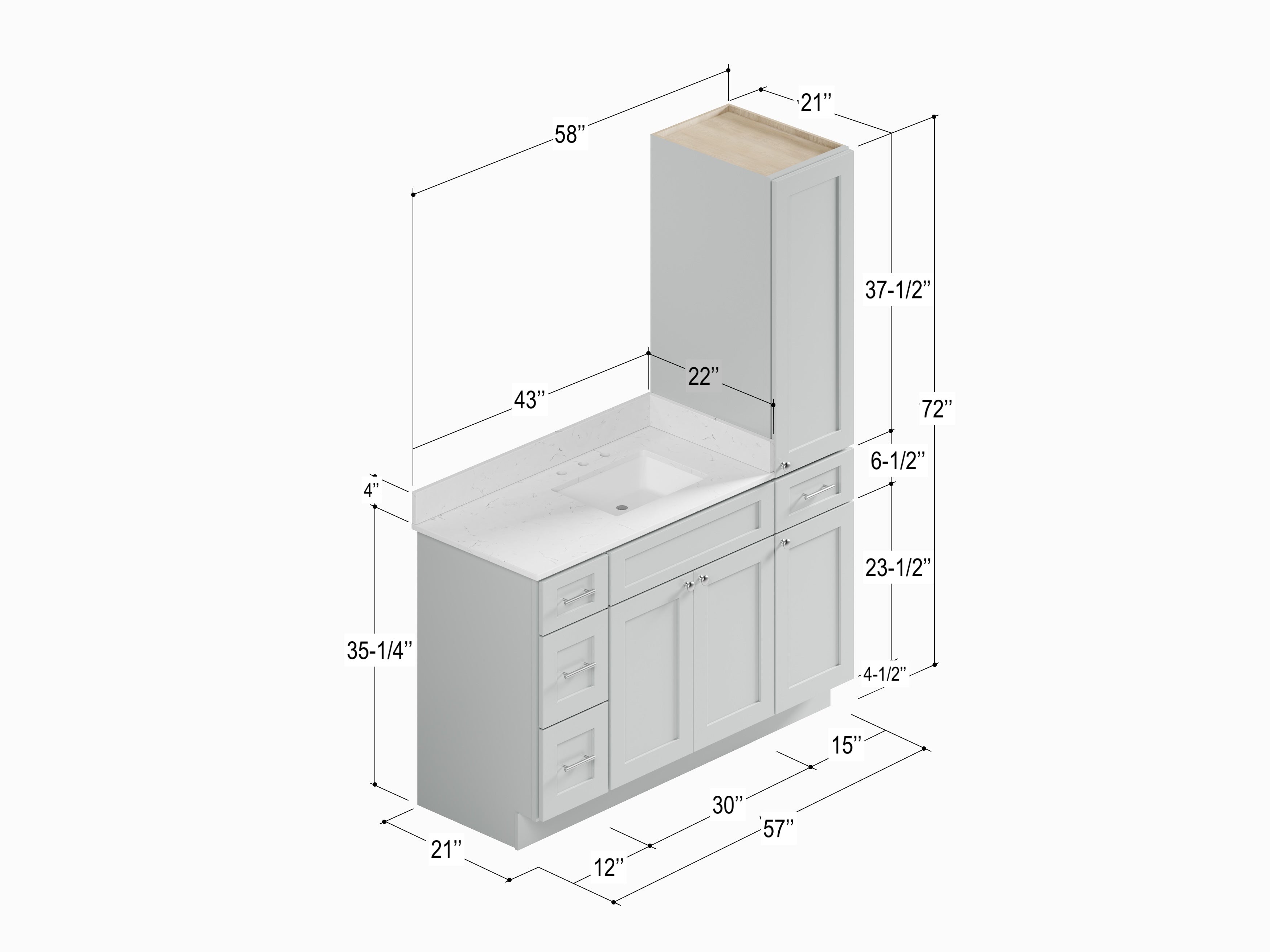 Disar 57" Single Bathroom Vanity With Right Linen Tall Cabinet Dovetail Solid Wood Drawer Carrara Quartz Top