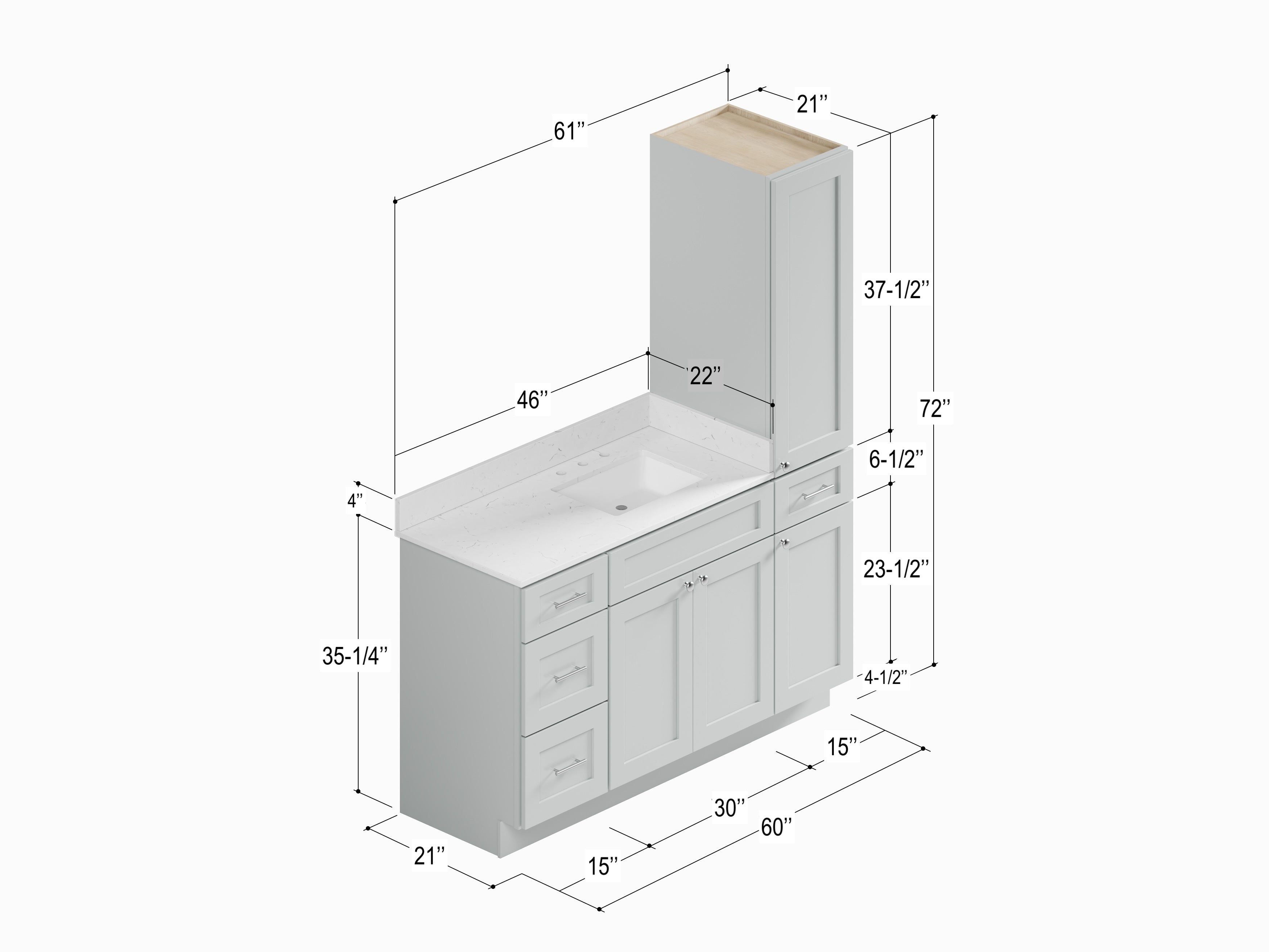 Disar 60'' Single Bathroom Vanity With Right Linen Tall Cabinet Dovetail Solid Wood Drawer Carrara Quartz Top