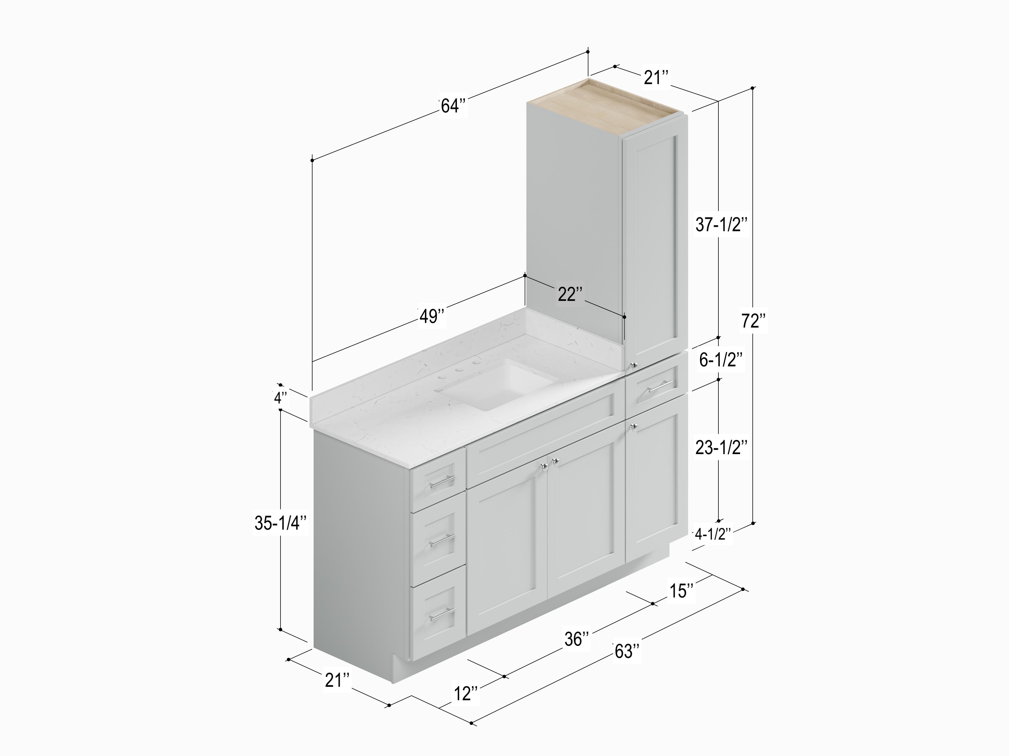 Disar 63'' Single Bathroom Vanity With Right Linen Tall Cabinet Dovetail Solid Wood Drawer Carrara Quartz Top