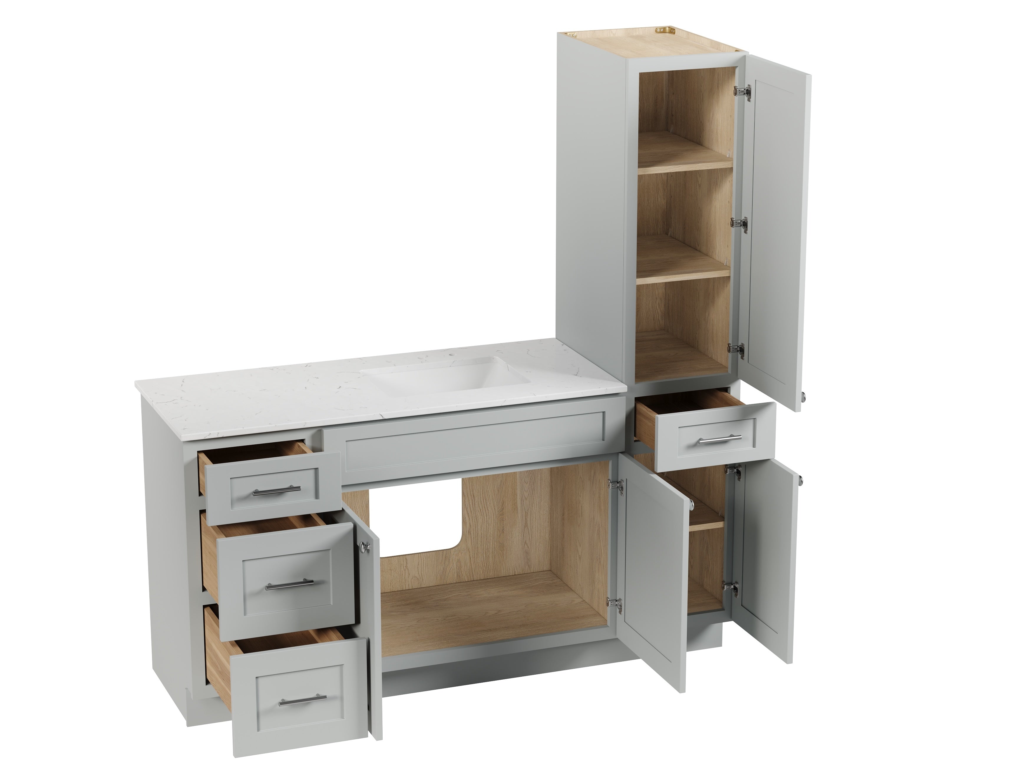 Disar 66'' Single Bathroom Vanity With Right Linen Tall Cabinet Dovetail Solid Wood Drawer Carrara Quartz Top