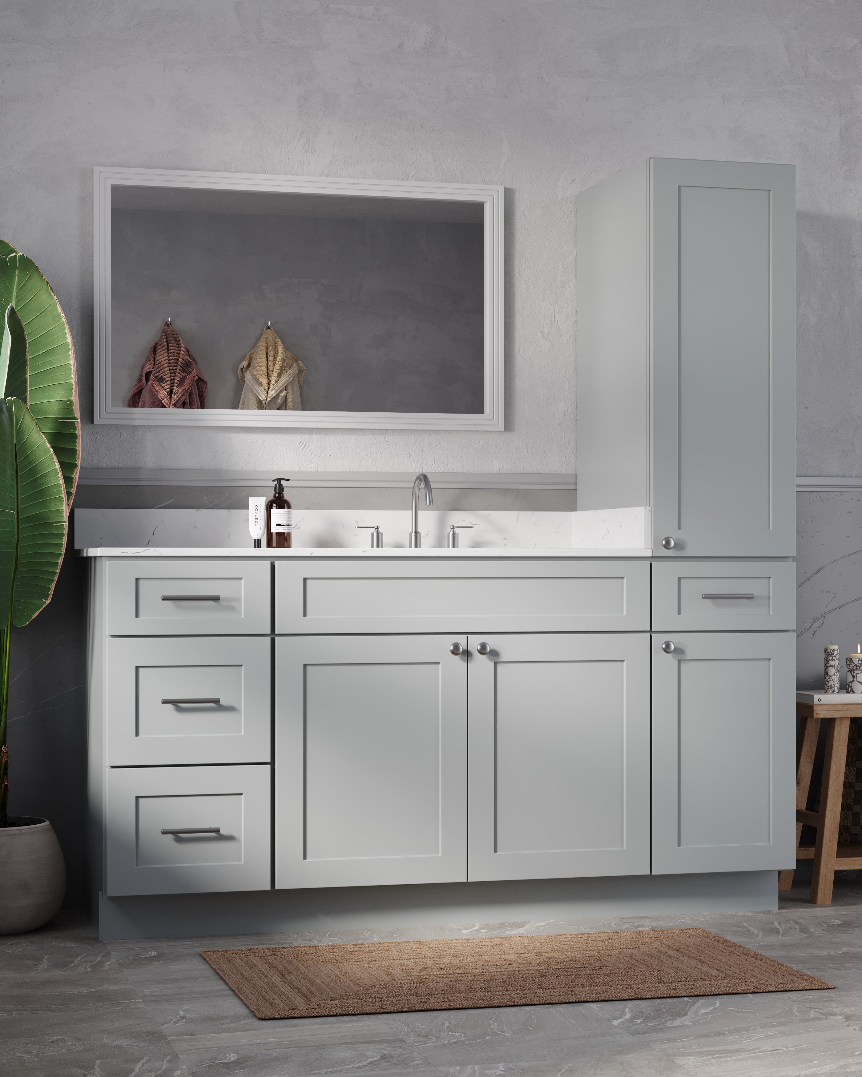 Disar 66'' Single Bathroom Vanity With Right Linen Tall Cabinet Dovetail Solid Wood Drawer Carrara Quartz Top