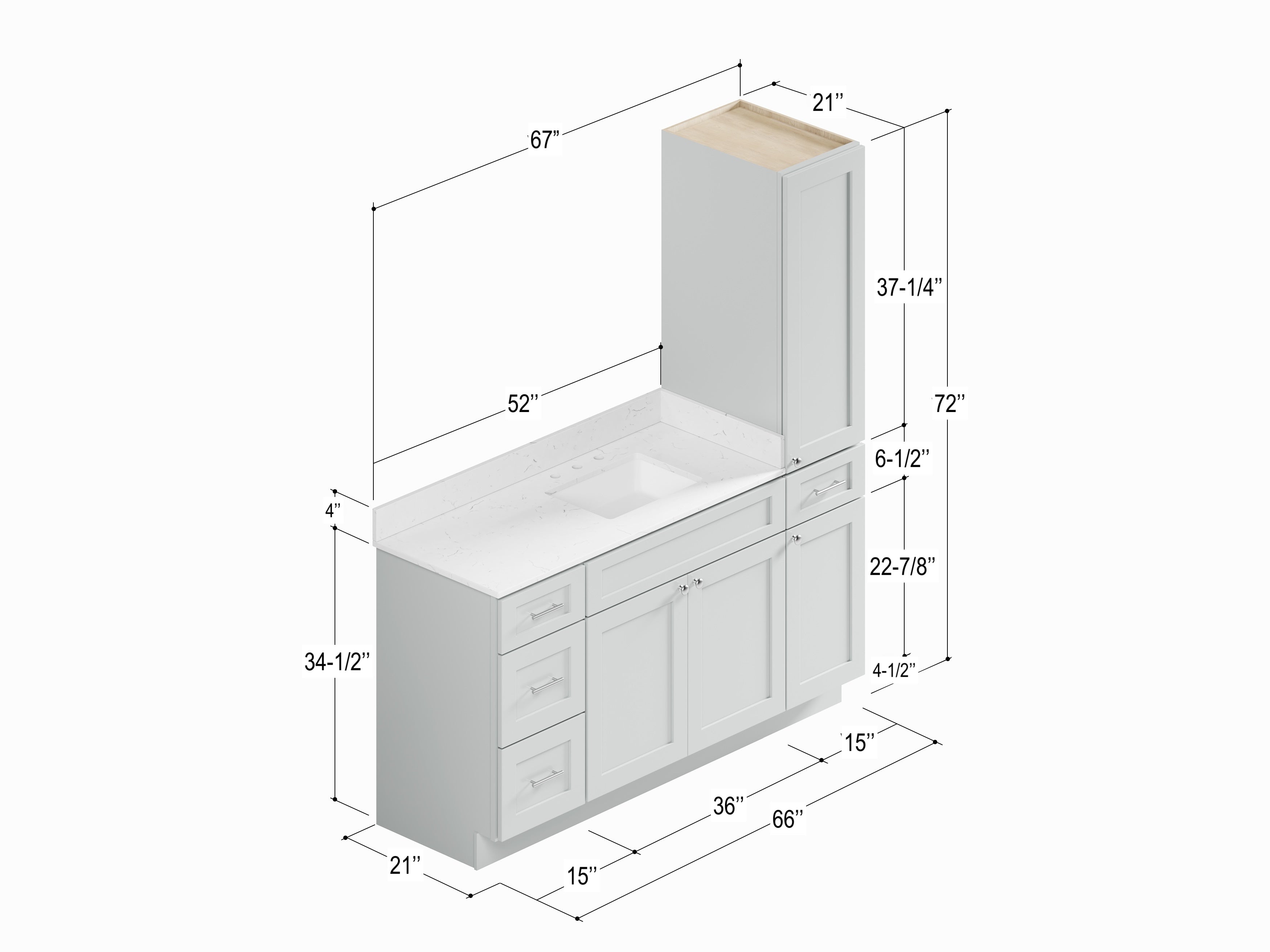 Disar 66'' Single Bathroom Vanity With Right Linen Tall Cabinet Dovetail Solid Wood Drawer Carrara Quartz Top